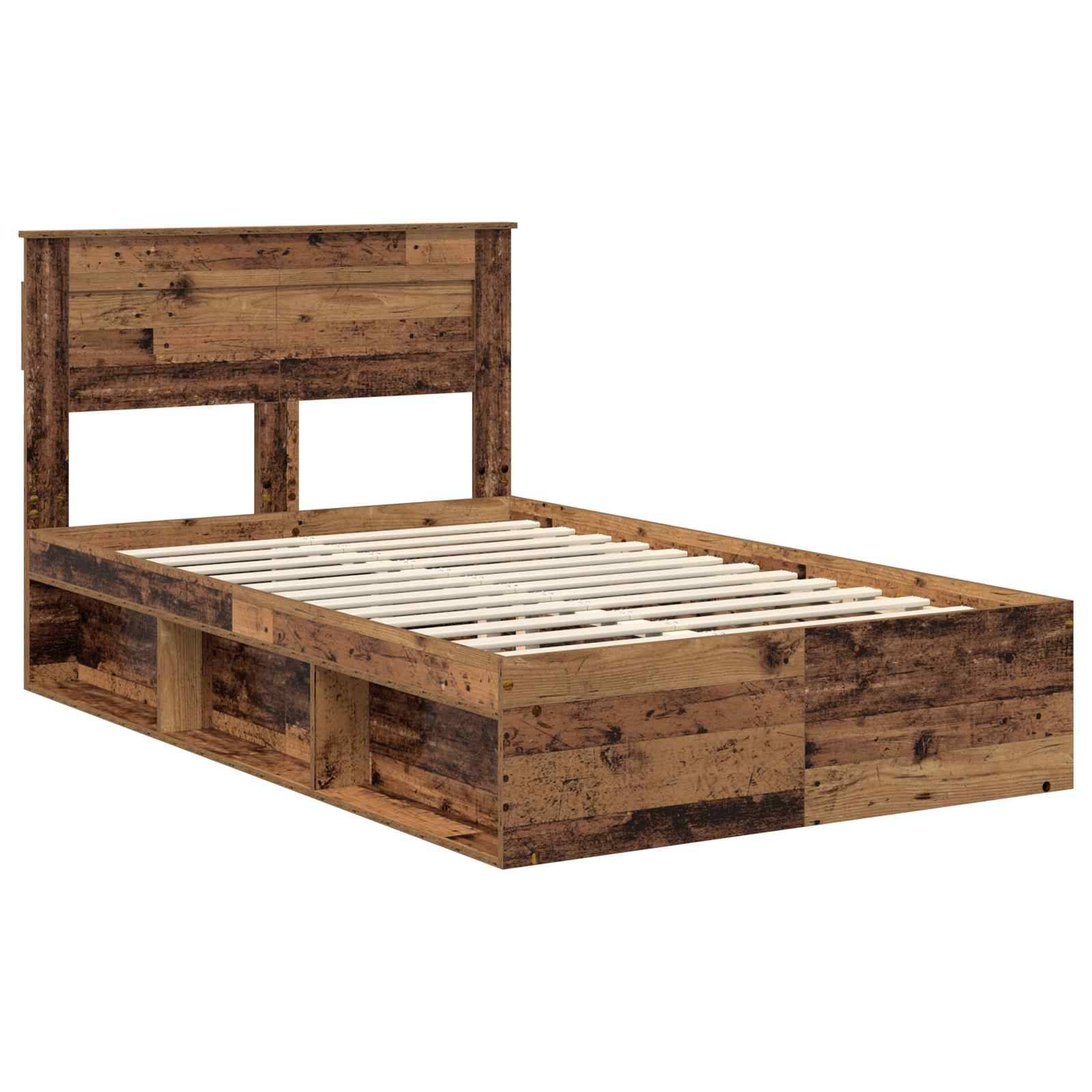 Holz-Plattformbett mit rustikaler Oberfläche, ausgestattet mit einem hohen Kopfteil und offener Latten-Konstruktion zur Matratzenunterstützung.