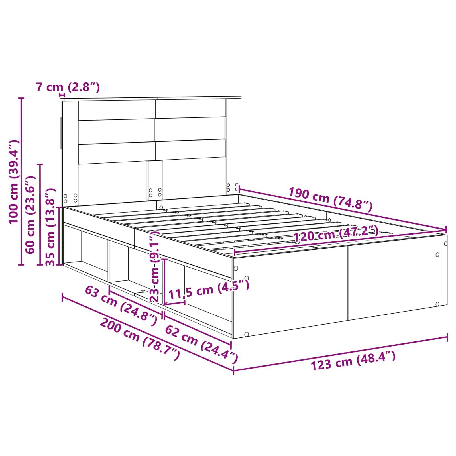 Diagramm eines Bettgestells mit Regalen und Schubladen. Maße umfassen Länge 200 cm, Breite 123 cm, Höhe 100 cm. Verschiedene Teile beschriftet.