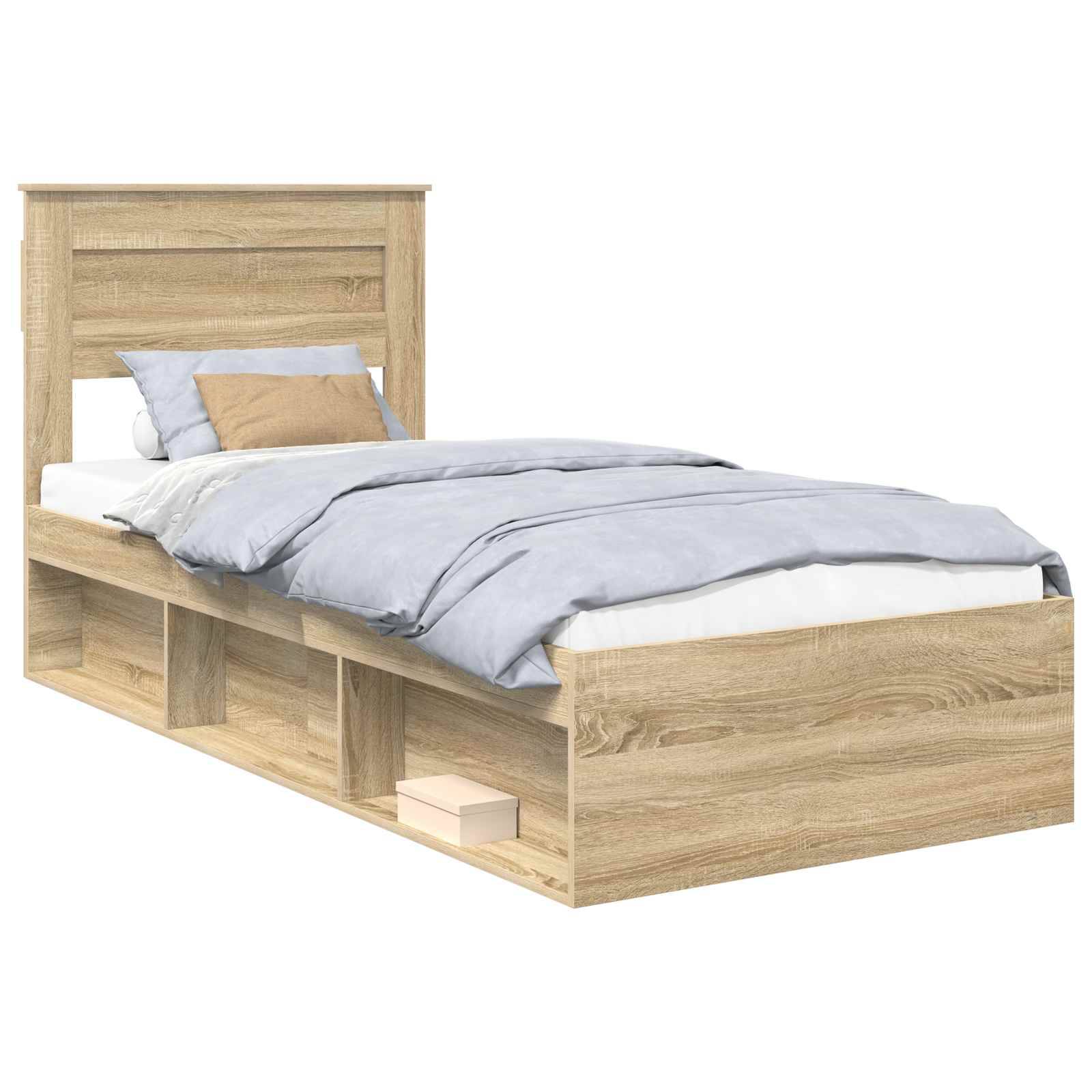 Holz-Zwillingsbett mit integrierten Bücherregalen in der Basis. Blaue Bettwäsche und ein beiger Kissenbezug sind auf der Matratze angeordnet.