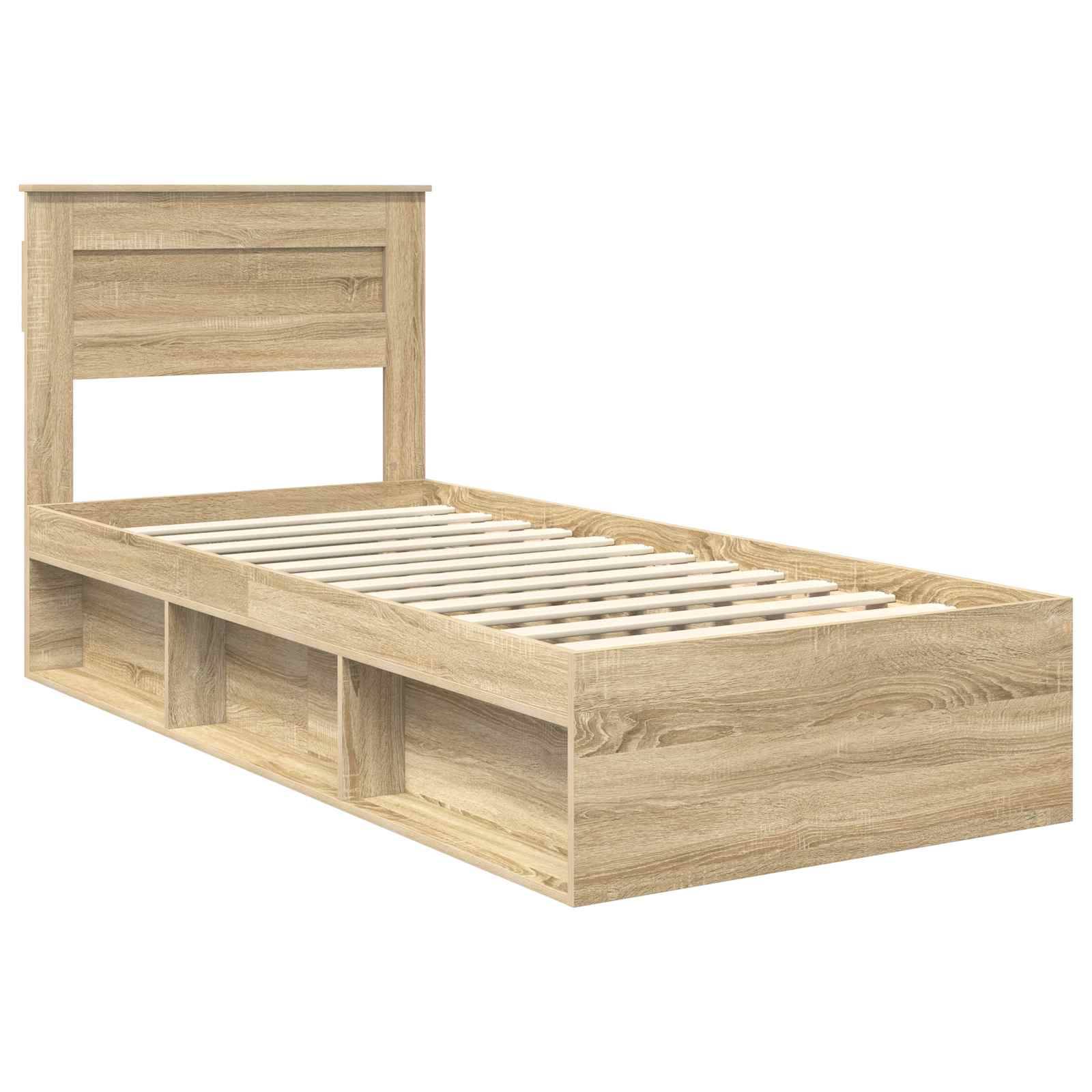 Ein Holzbettgestell mit Kopfteil und integrierten Ablageregalen an den Seiten, ausgestattet mit einer Lattenrost-Basis, in einer hellen Eichenholz-Optik.