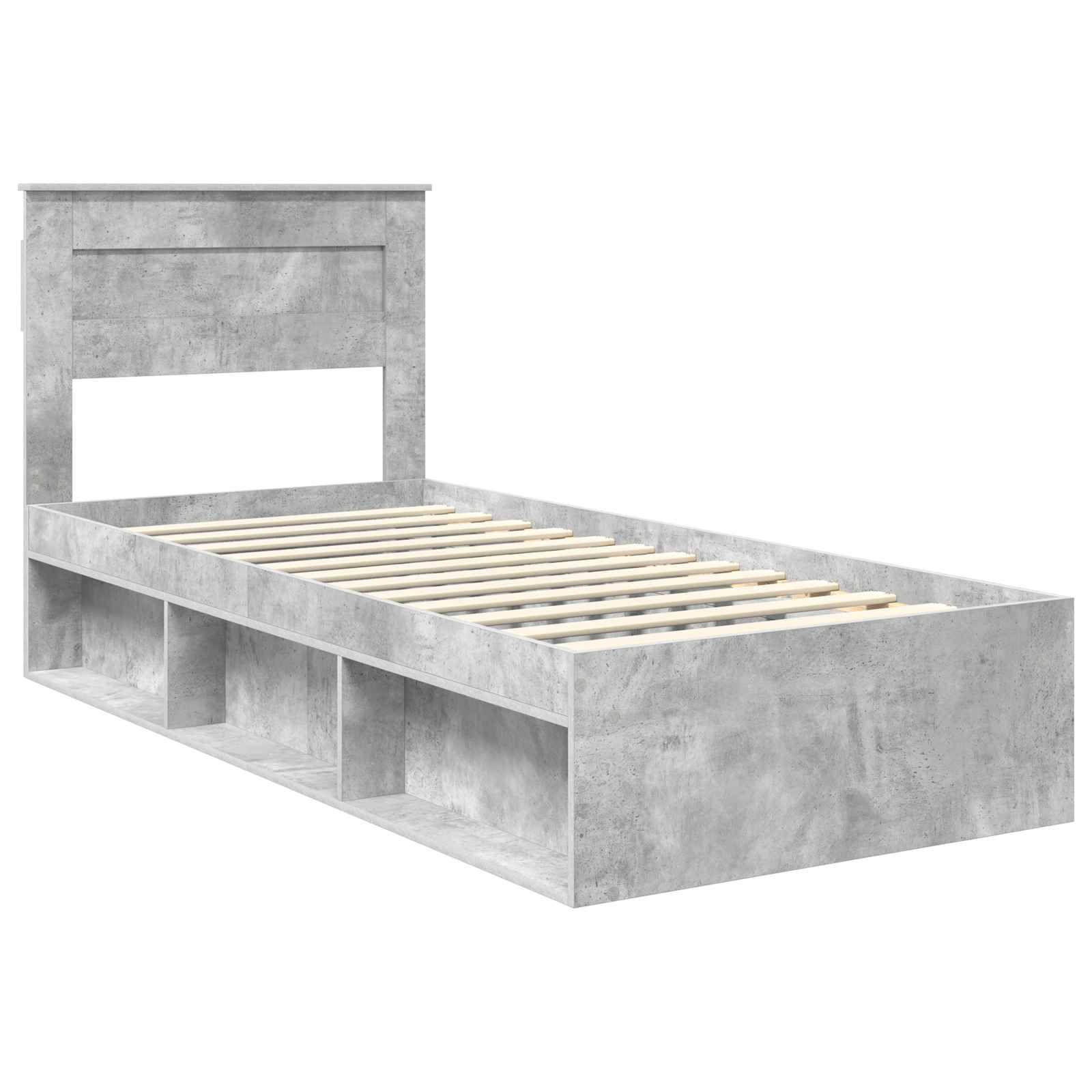 Betongraues Einzelbett-Rahmen mit Stauraum, offenem Regal unter dem Bett und einem hohen Kopfteil.