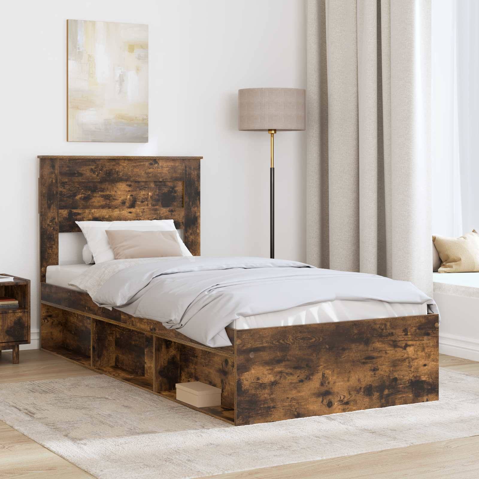 vidaXL Bettrahmen Geräucherte Eiche 90 x 200 cm Massives Kiefernholz