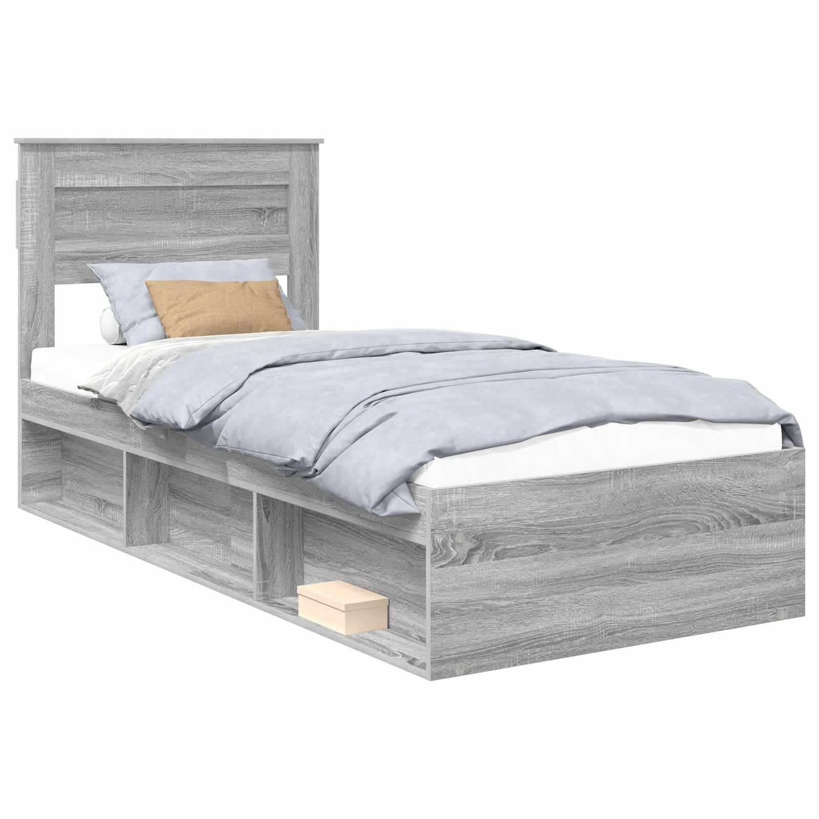 Ein grauer Holzbett mit hohem Kopfteil, ausgestattet mit blauer Bettwäsche und Kissen, verfügt über offene Stauraumregale darunter.