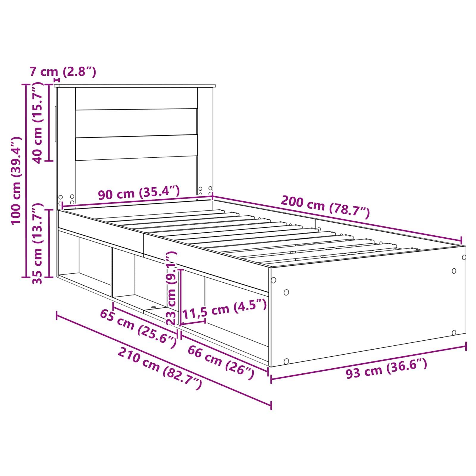 Bettrahmenabmessungen: 210 cm lang, 93 cm breit, 100 cm Kopfteilhöhe. Inklusive Aufbewahrungsregale.