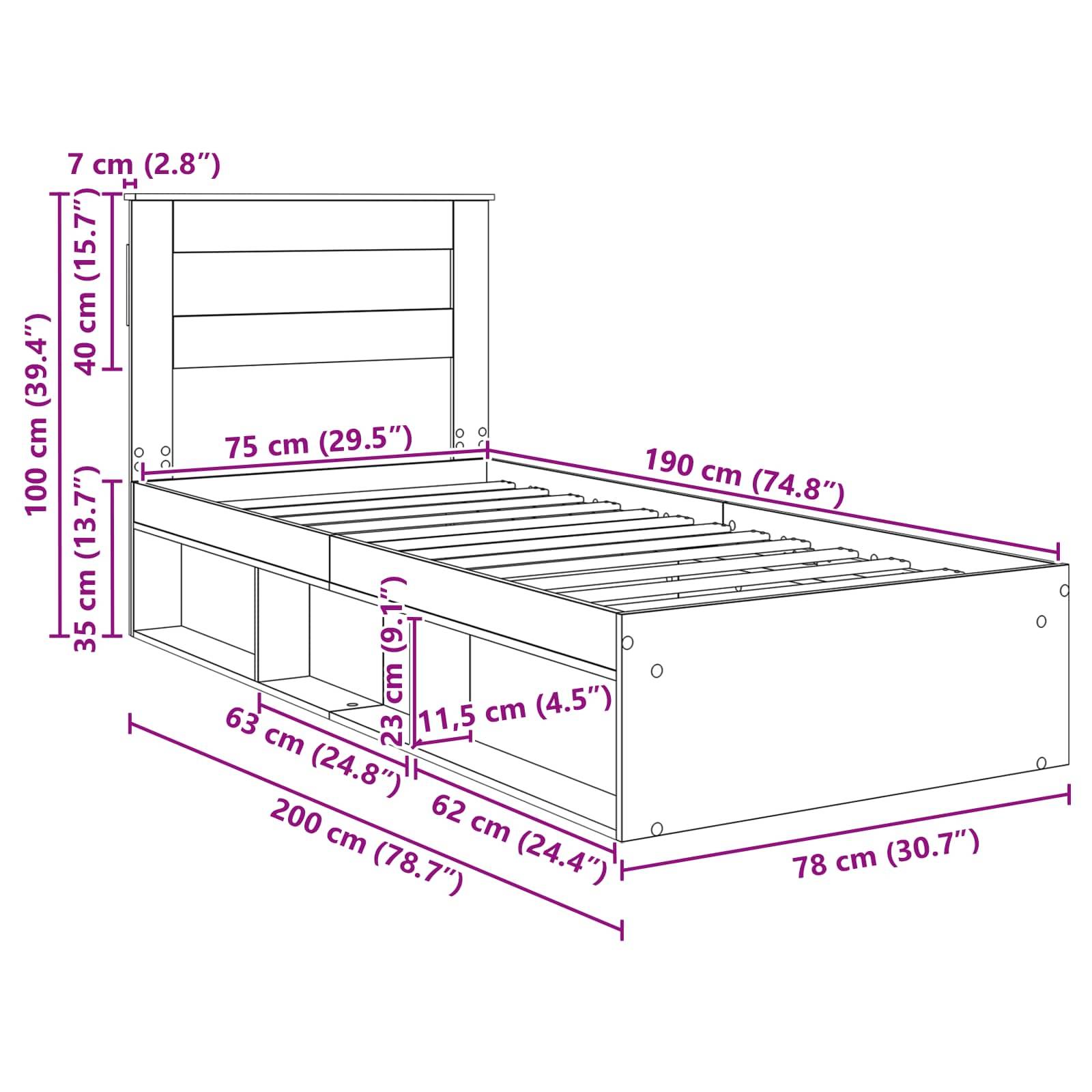 Ein Bettgestell mit präzisen Maßen: Länge 200 cm, Breite 78 cm, Höhe 100 cm. Die Höhe des Kopfteils beträgt 40 cm. Verschiedene Komponentengrößen werden dargestellt.