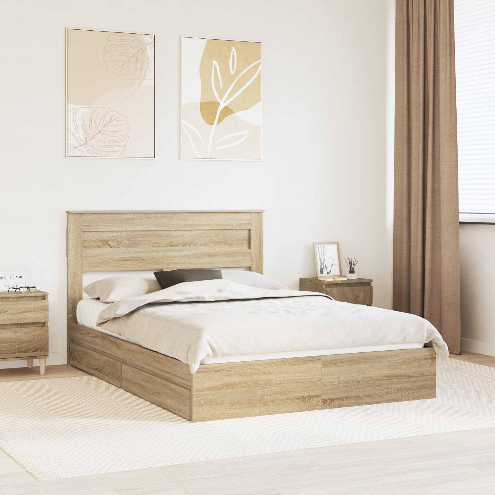 Ein modernes Schlafzimmer mit einem Holzbett, weißer Bettdecke und Kissen. Passende Nachttische mit Lampen rahmen das Bett ein. Zwei abstrakte Gemälde hängen darüber.