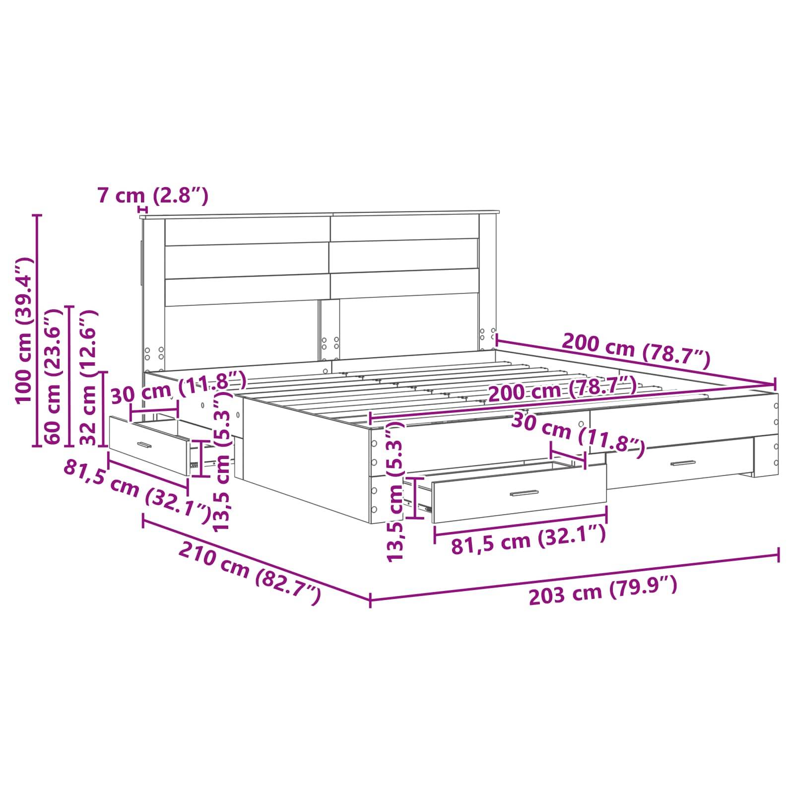 Diagramm eines Bettes mit Maßen: Kopfteil 100 cm hoch, Bett 203 cm lang, seitliche Schubladen 200 cm breit, 7 cm Griffe, Schubladenhöhe 13,5 cm.