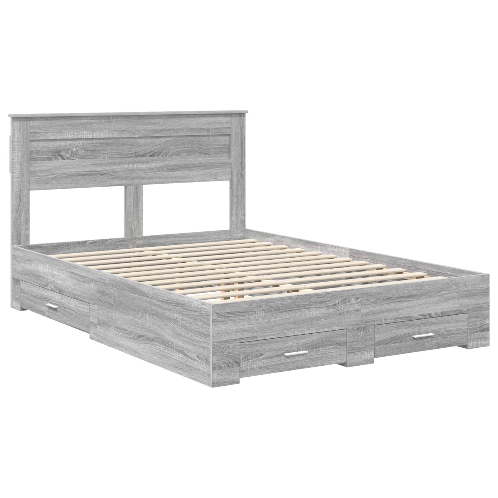 Ein Holz-Plattformbett-Gestell mit grauer Beschichtung, ausgestattet mit einem hohen Kopfteil und einer Lattenrost-Basis sowie zwei Staurageschubladen darunter.