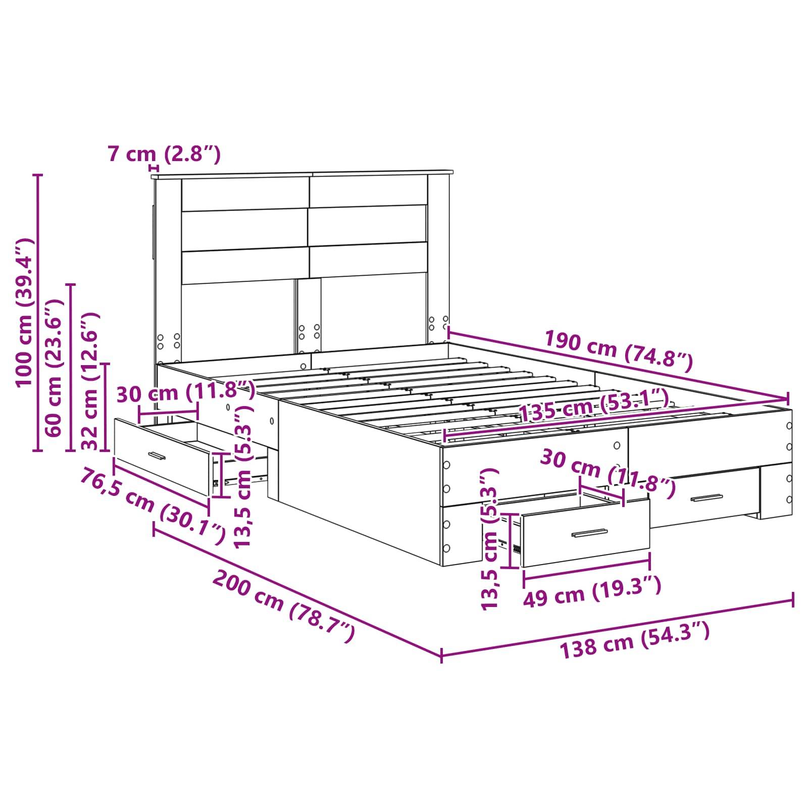 Eine Skizze eines Bettgestells mit Maßangaben: 200 cm breit, 190 cm lang, 100 cm hoher Kopfteil, Schubladen darunter, mit beschrifteten Abmessungen im gesamten Diagramm.
