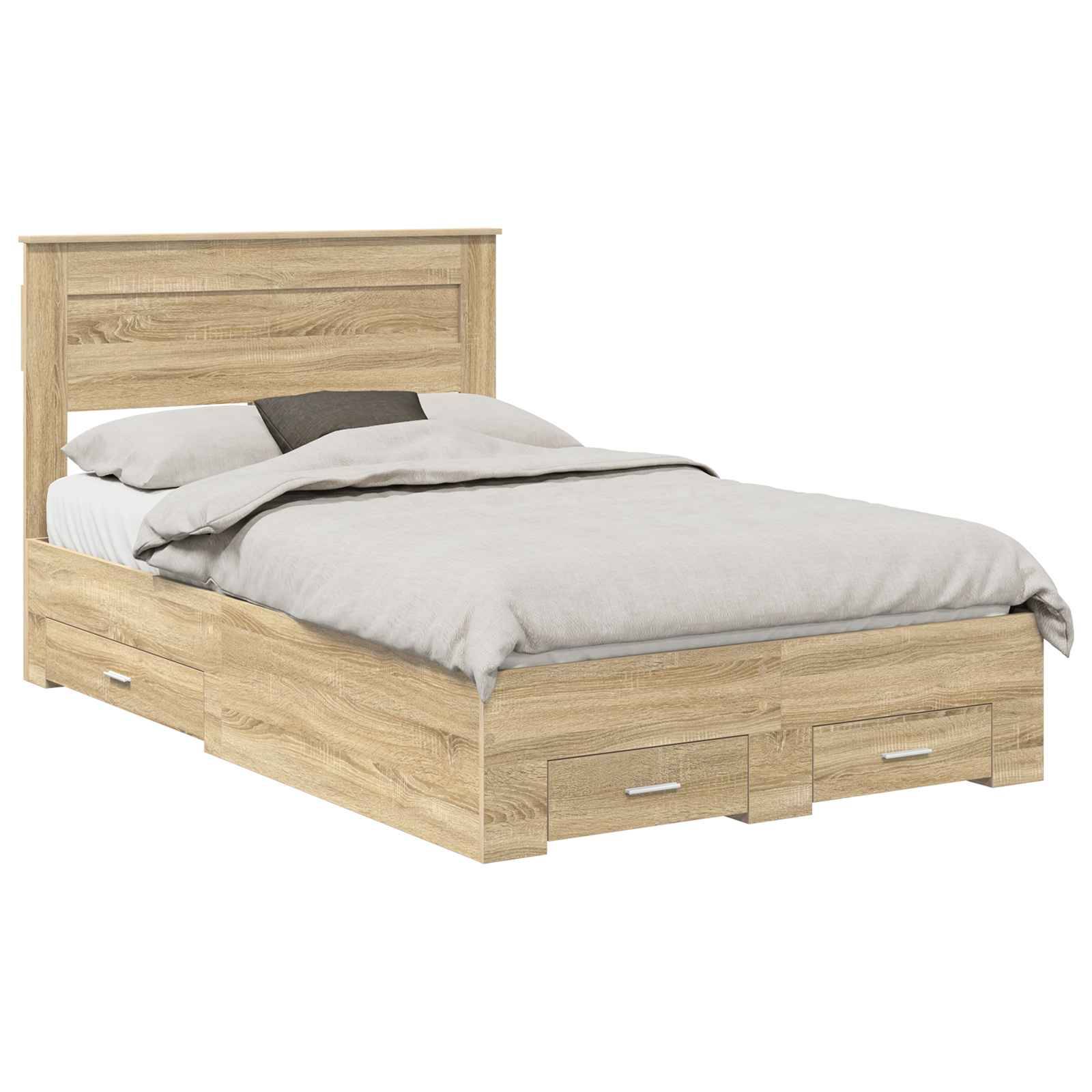 Ein Holzbettgestell mit hohem Kopfteil, zwei Kissen, grauem Bettbezug und vier Staurageschubladen darunter.