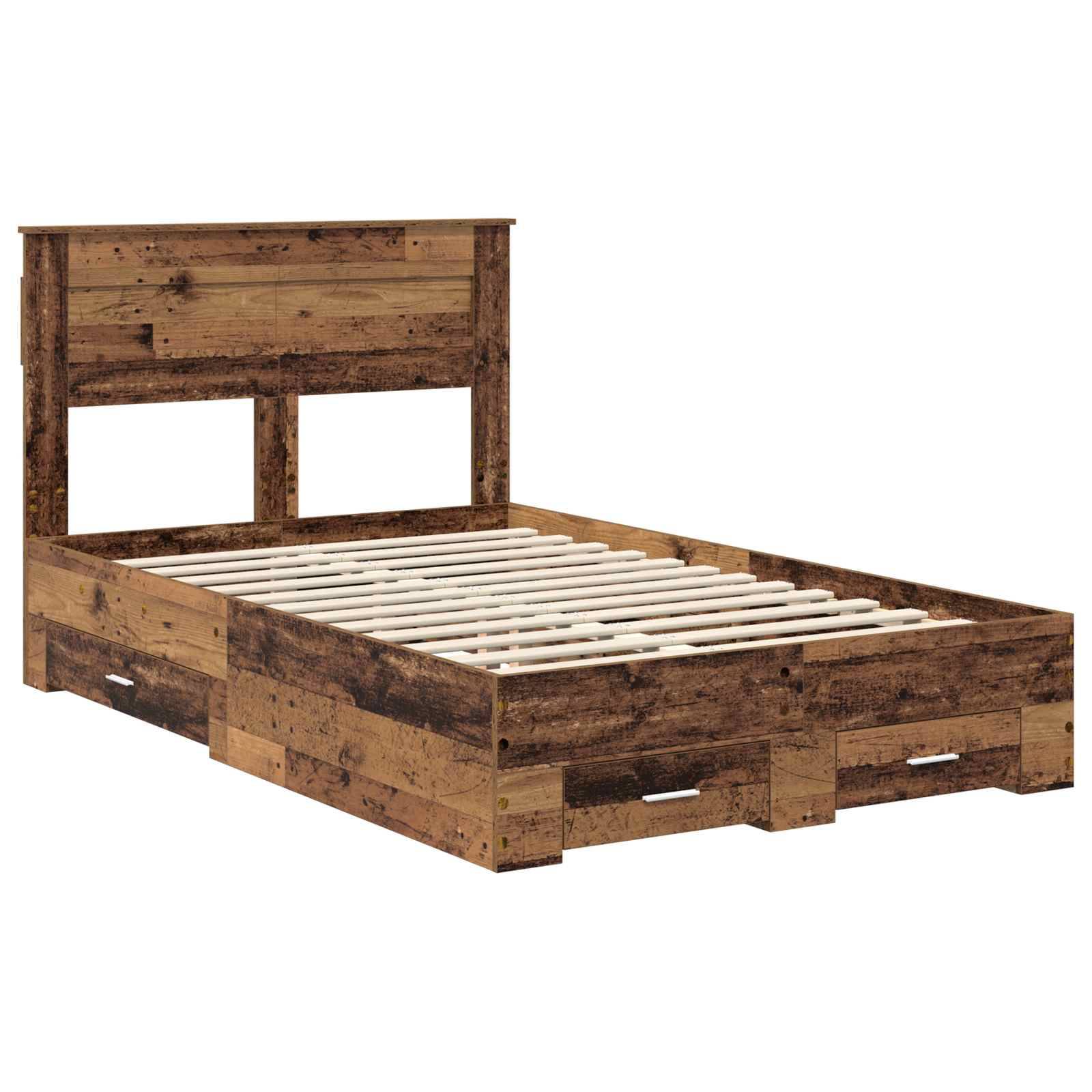 Ein Holzbettgestell mit rustikaler Oberfläche, ausgestattet mit einem hohen Kopfteil und einer Lattenrost-Basis, ohne Matratze. Geeignet für ein Einzelbett.