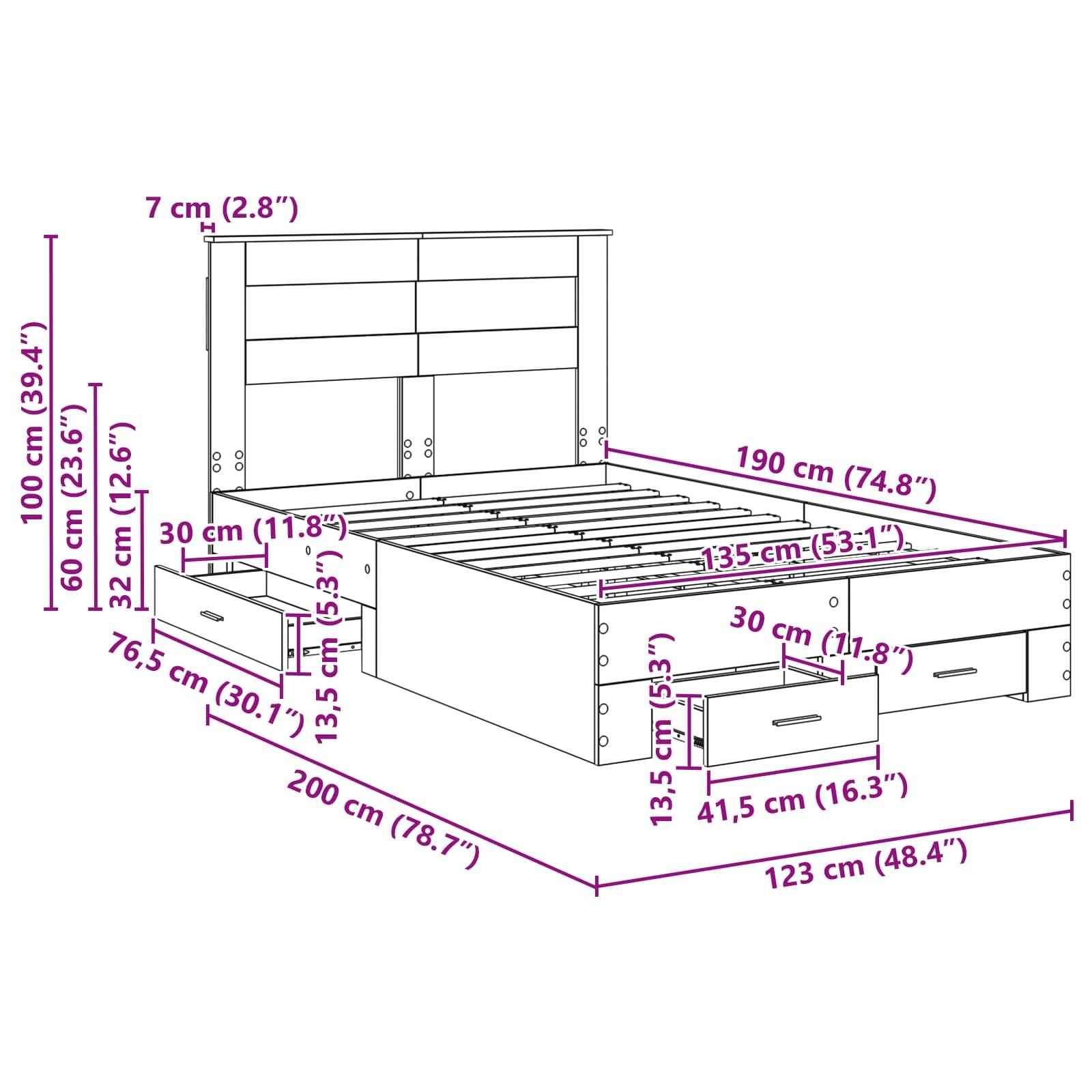 Diagramm eines Bettgestells mit Maßen: 200 cm lang, 190 cm breit und 100 cm hoch. Inklusive Aufbewahrungsschubladen und Details des Kopfteils.