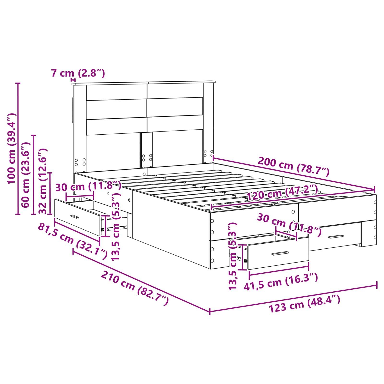 Eine Skizze eines Bettes mit Kopfteil, die detaillierte Maßangaben in Zentimetern und Zoll für alle Komponenten zeigt, einschließlich Breite, Höhe und Schubladendimensionen.