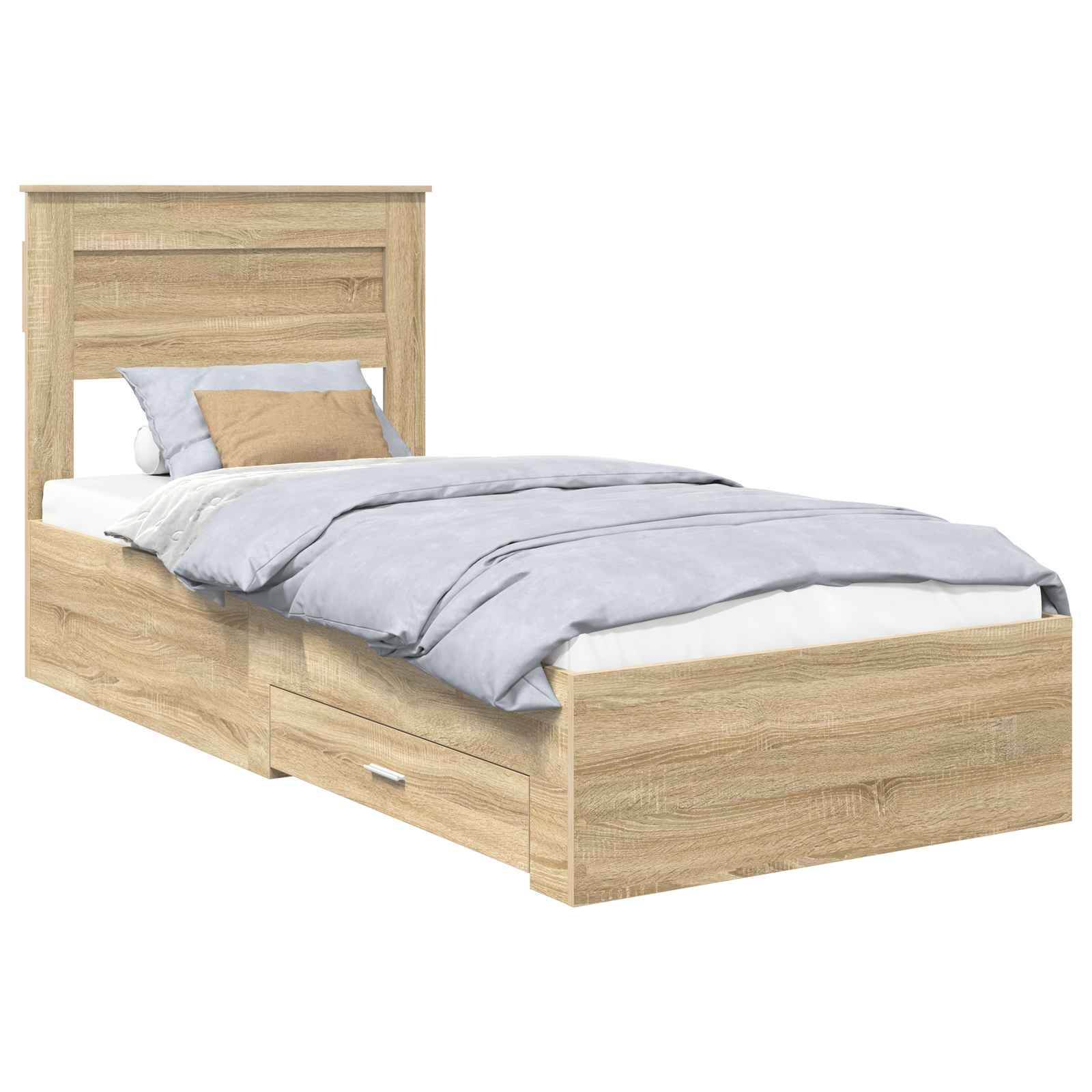 Ein Einzelbett aus Holz mit heller Eichenoberfläche verfügt über zwei Schubladen darunter. Das Bett hat einen hohen Kopfteil und ist ordentlich bezogen mit blauer Bettwäsche und einem braunen Zierkissen.