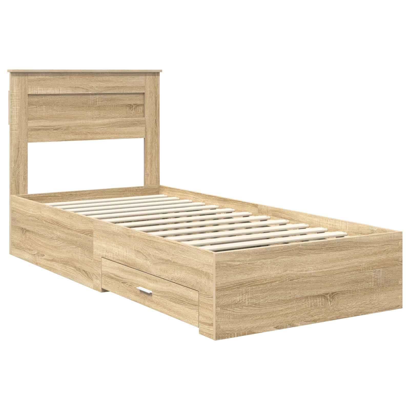 Ein Holz-Einzelbettgestell mit Kopfteil, das über eingebaute Schubladen zur Aufbewahrung unter dem Bett verfügt.
