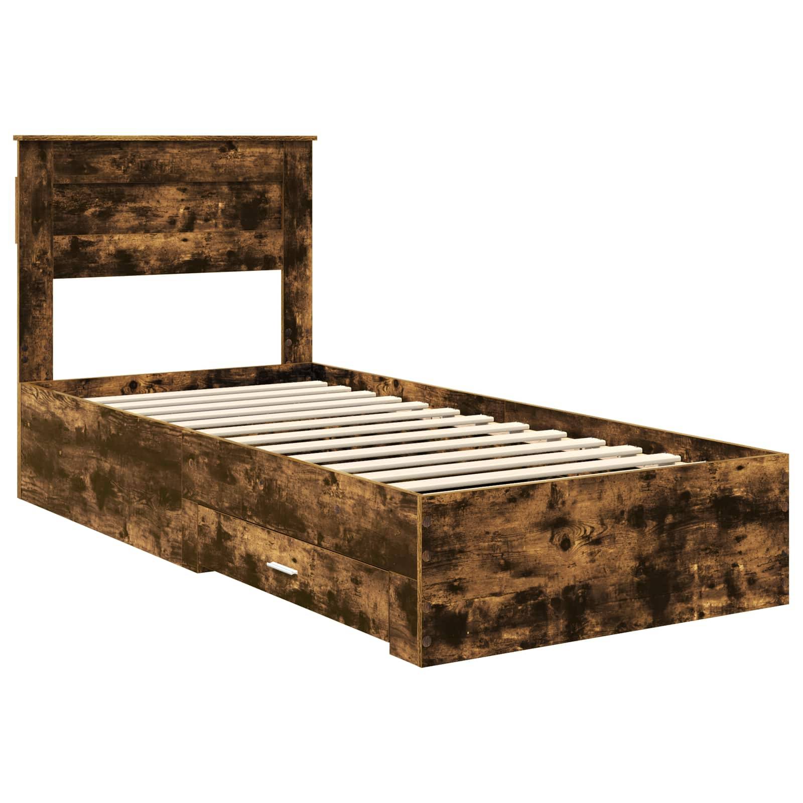 Ein rustikales Holz-Einzelbettgestell mit Kopfteil und Unterbett-Schublade, konzipiert für eine gemütliche, platzsparende Schlafzimmereinrichtung.