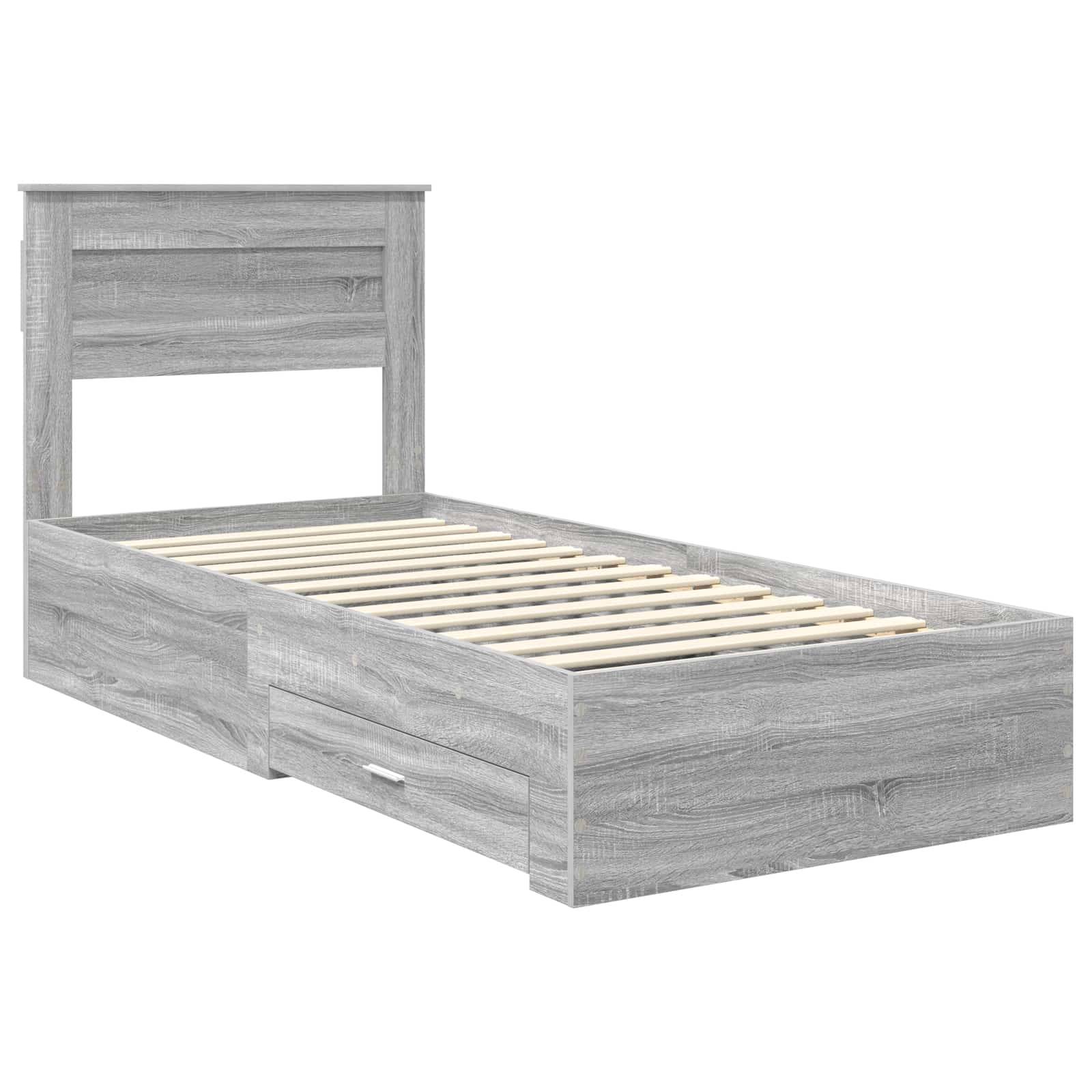 Graues Holzbettgestell mit Lattenrost, ausgestattet mit einem hohen Kopfteil und zwei unteren Schubladen zur Aufbewahrung. Schlichtes und modernes Design.