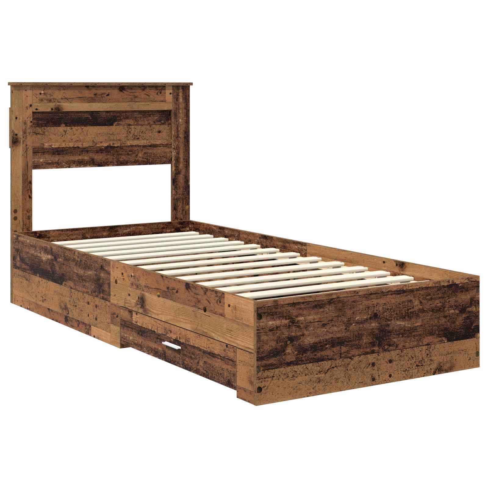 Ein Holz-Doppelbett mit rustikaler Oberfläche, ausgestattet mit einem Kopfteil und zwei ausziehbaren Schubladen zum Verstauen von Gegenständen.
