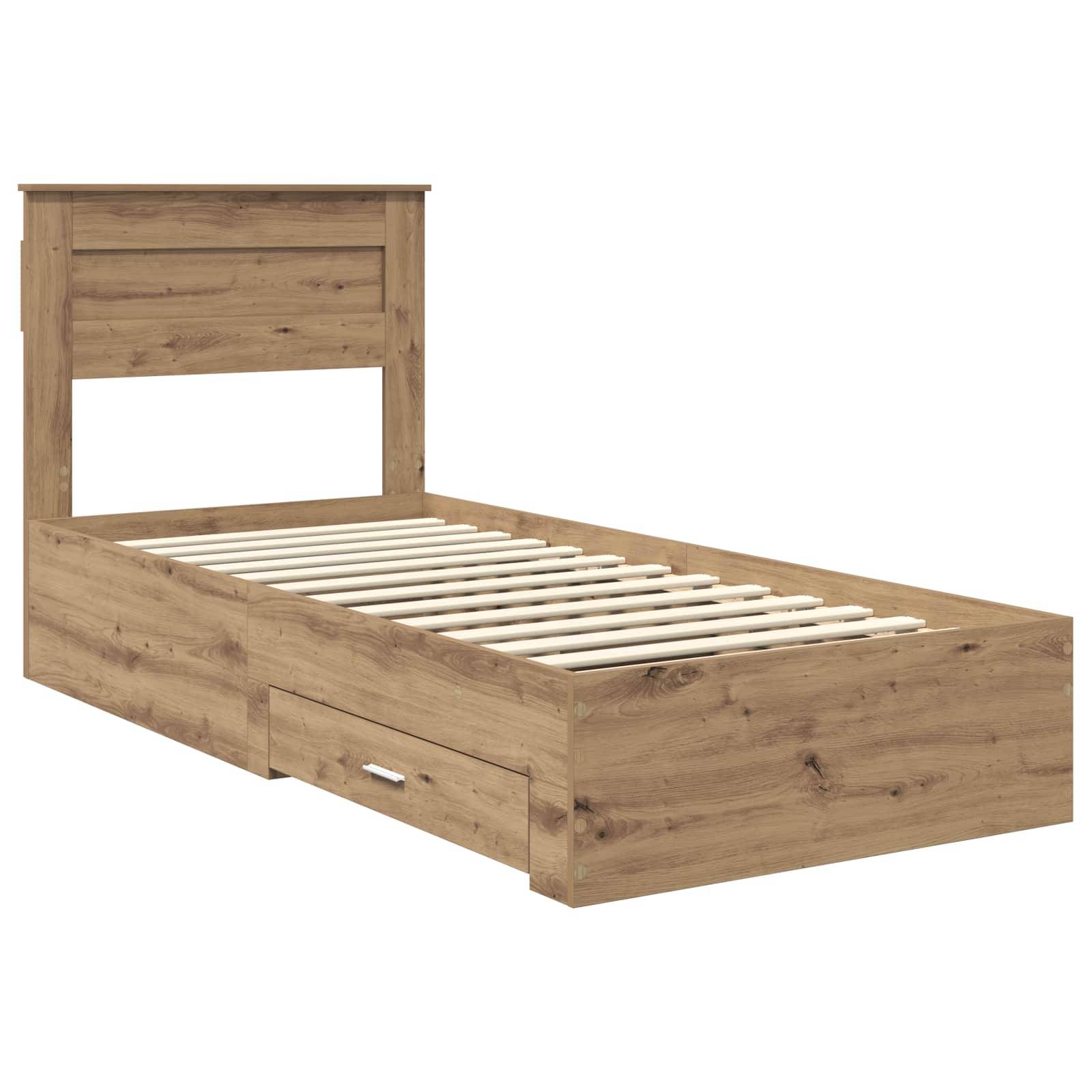 Ein Holz-Einzelbettgestell mit Kopfteil und einer integrierten Stauraschublade darunter.