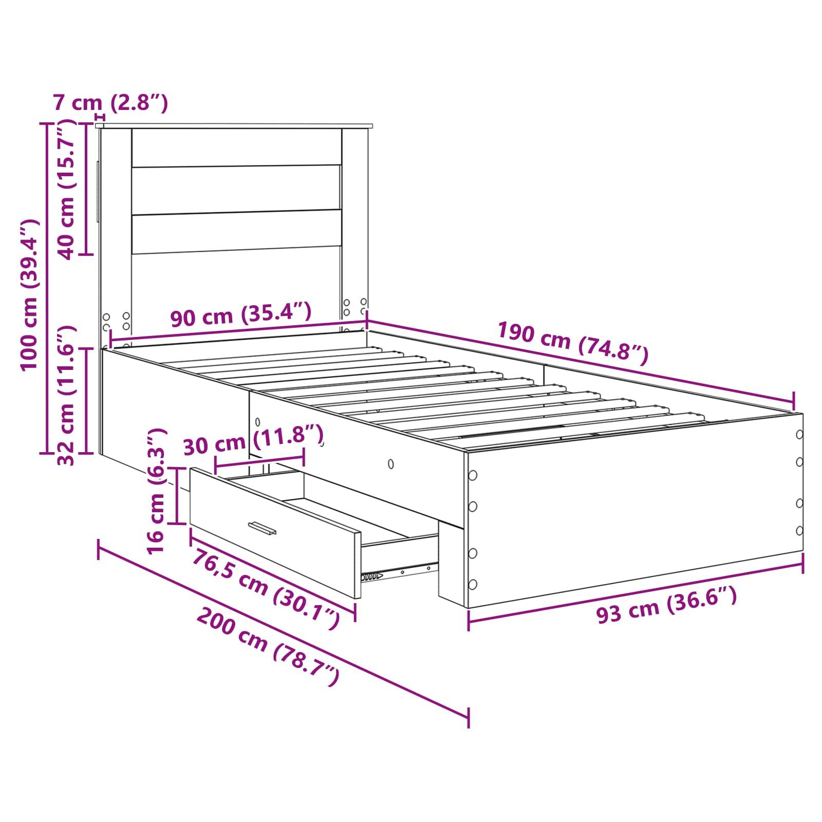 Diagramm eines Bettes mit Maßen: Höhe 100 cm, Breite 90 cm, Länge 200 cm. Enthält Aufbewahrungsschubladen mit Abmessungen von 76,5 cm x 76 cm.