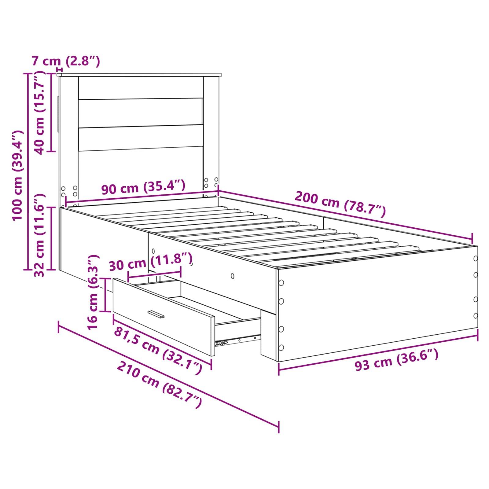 Technische Zeichnung eines Bettes mit Maßen: Länge 200 cm, Breite 93 cm, Höhe 100 cm. Inklusive Stauraschublade mit den Maßen 81,5 cm x 30 cm.