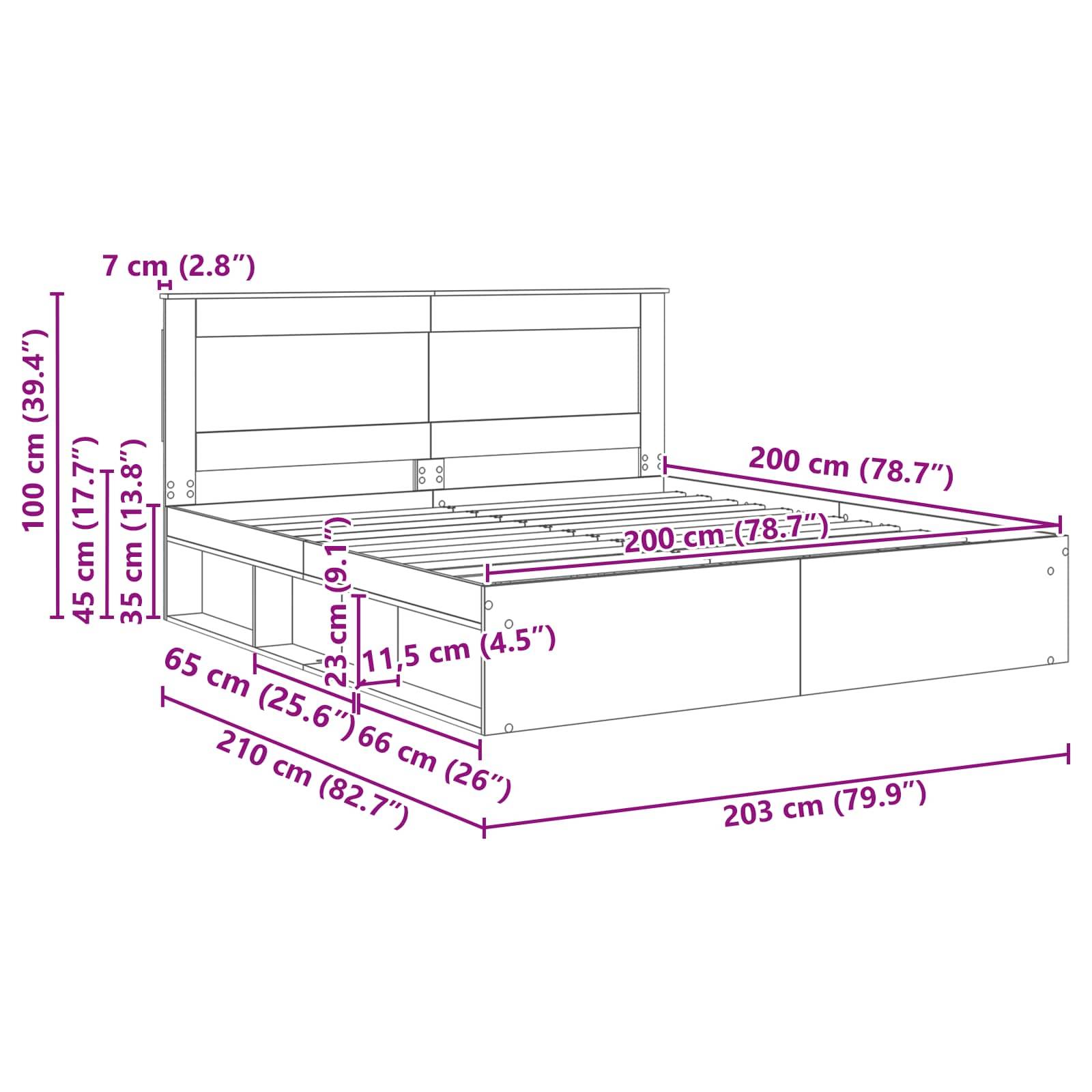 Diagramm eines Bettgestells mit Maßangaben: Kopfteil 100 cm hoch, Bettlänge 210 cm, Breite 203 cm. Aufbewahrungsschubladen unten skizziert.