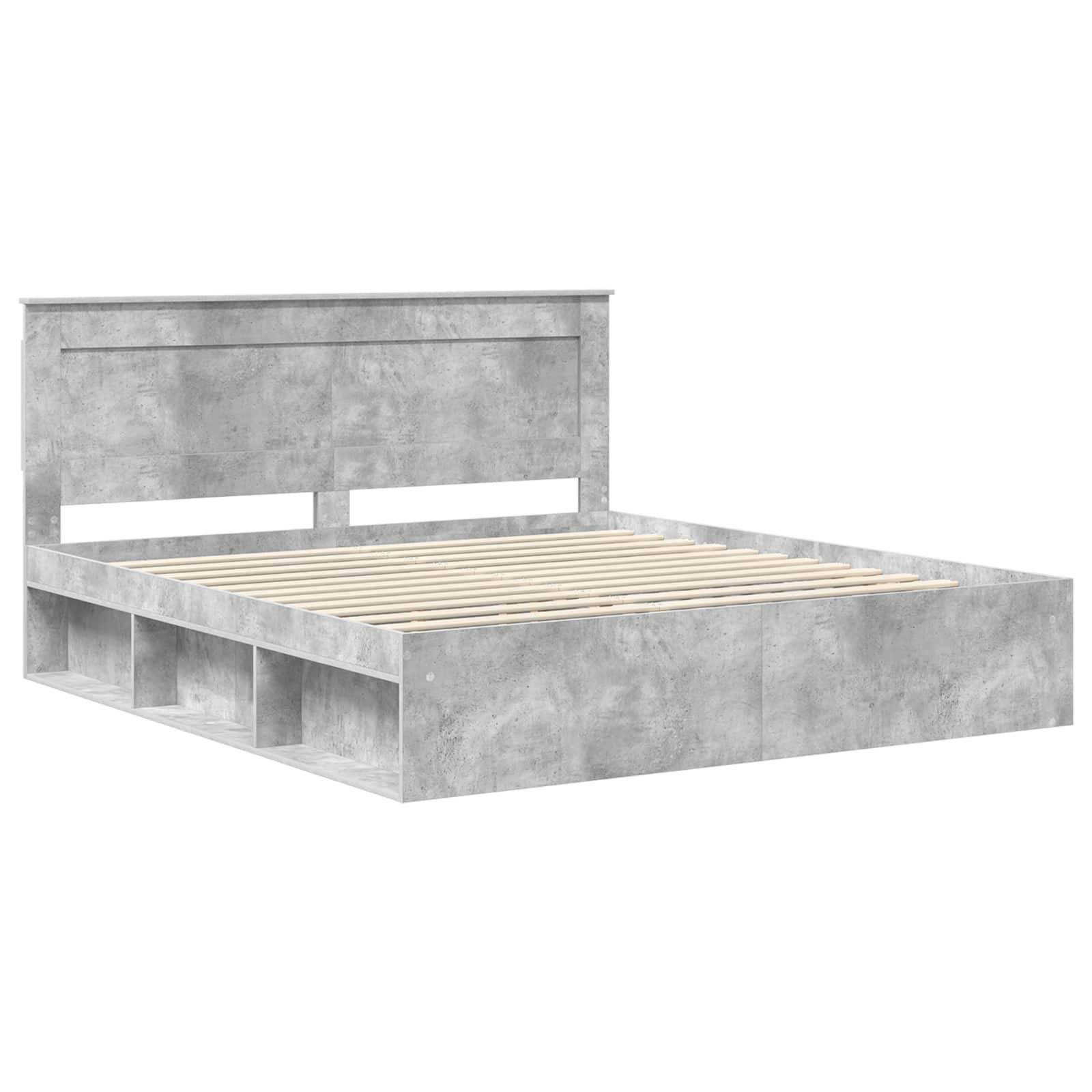 Bettgestell in Queen-Größe mit grauem Bezug, Speicherplatz im Kopfteil und Seitenfächern, das ein modernes, minimalistisches Design präsentiert.