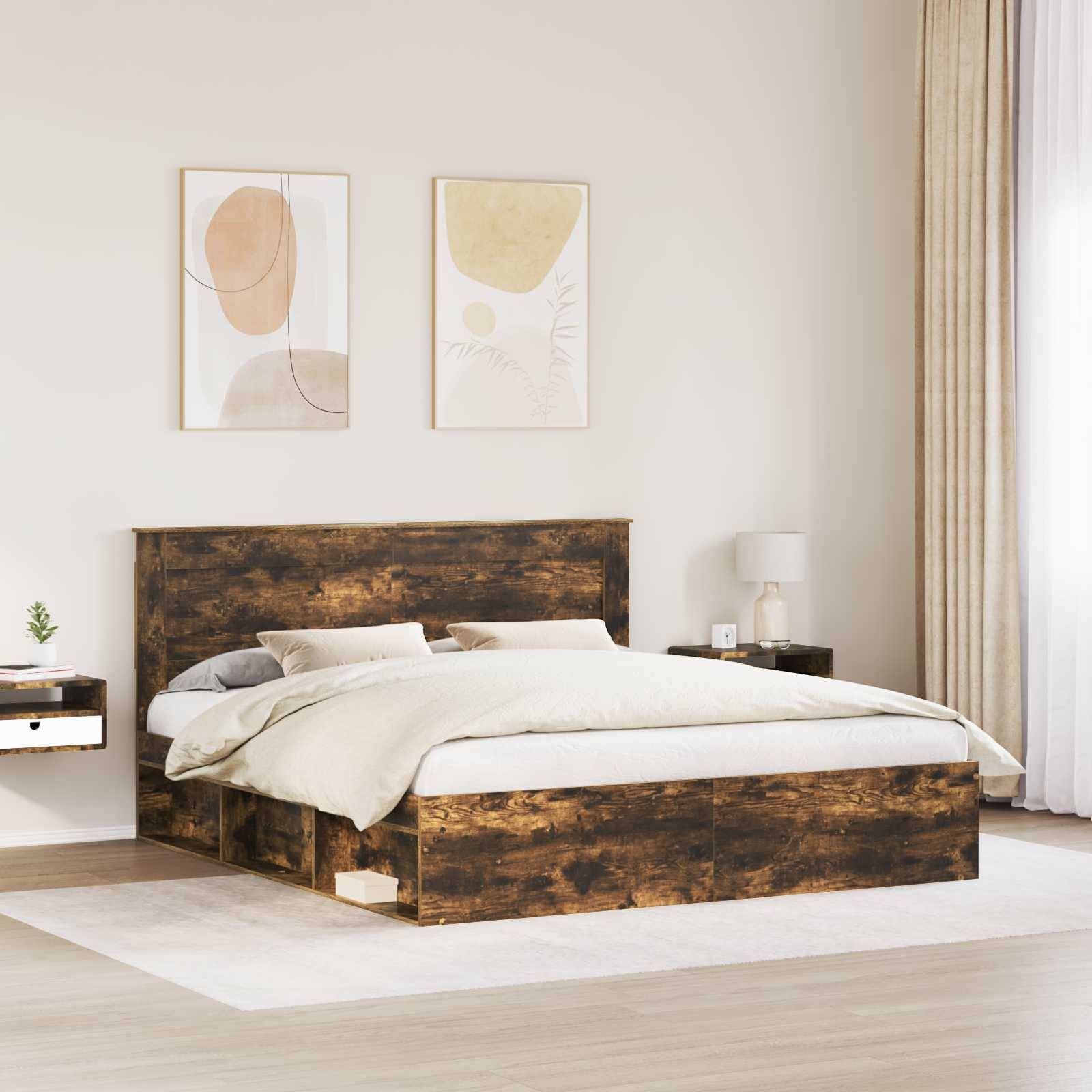 vidaXL Bettrahmen Geräucherte Eiche 200 x 200 cm Massives Kiefernholz