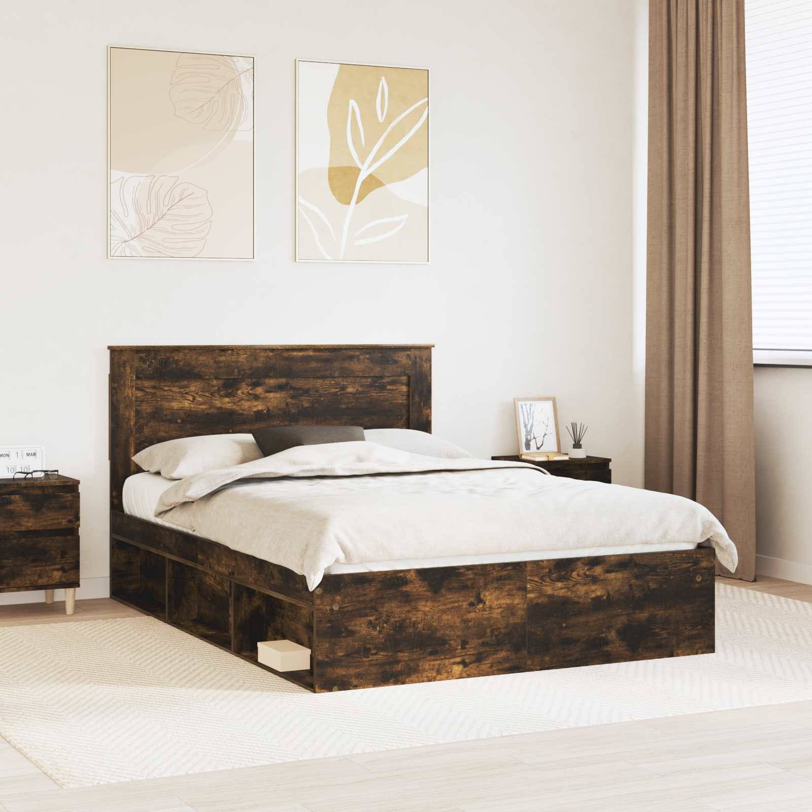 vidaXL Bettrahmen Geräucherte Eiche 140 x 200 cm Massives Kiefernholz