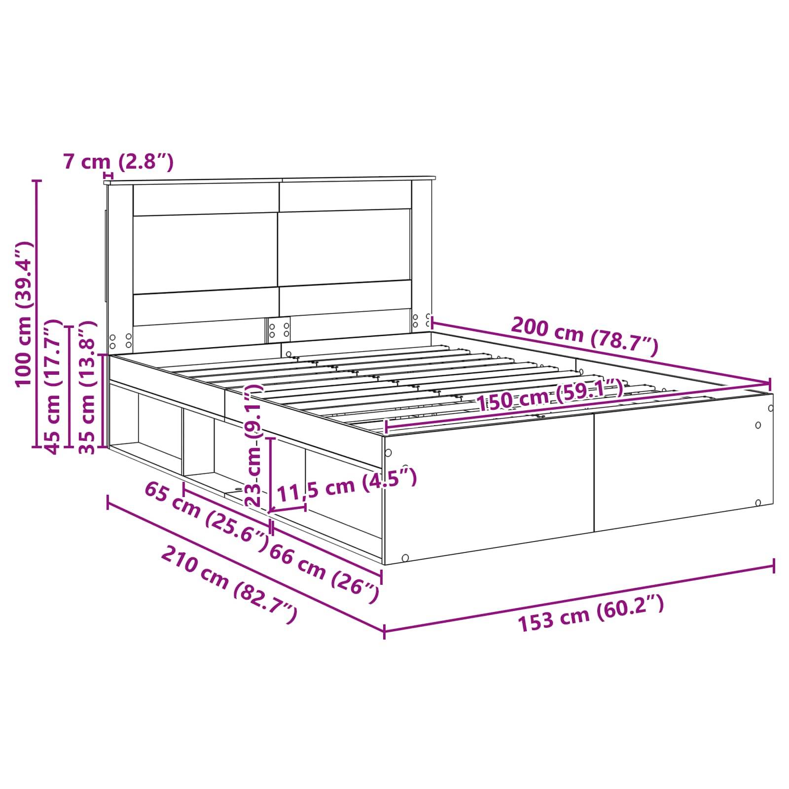 Diagramm eines Bettes mit Maßen: Höhe 100 cm (39,4