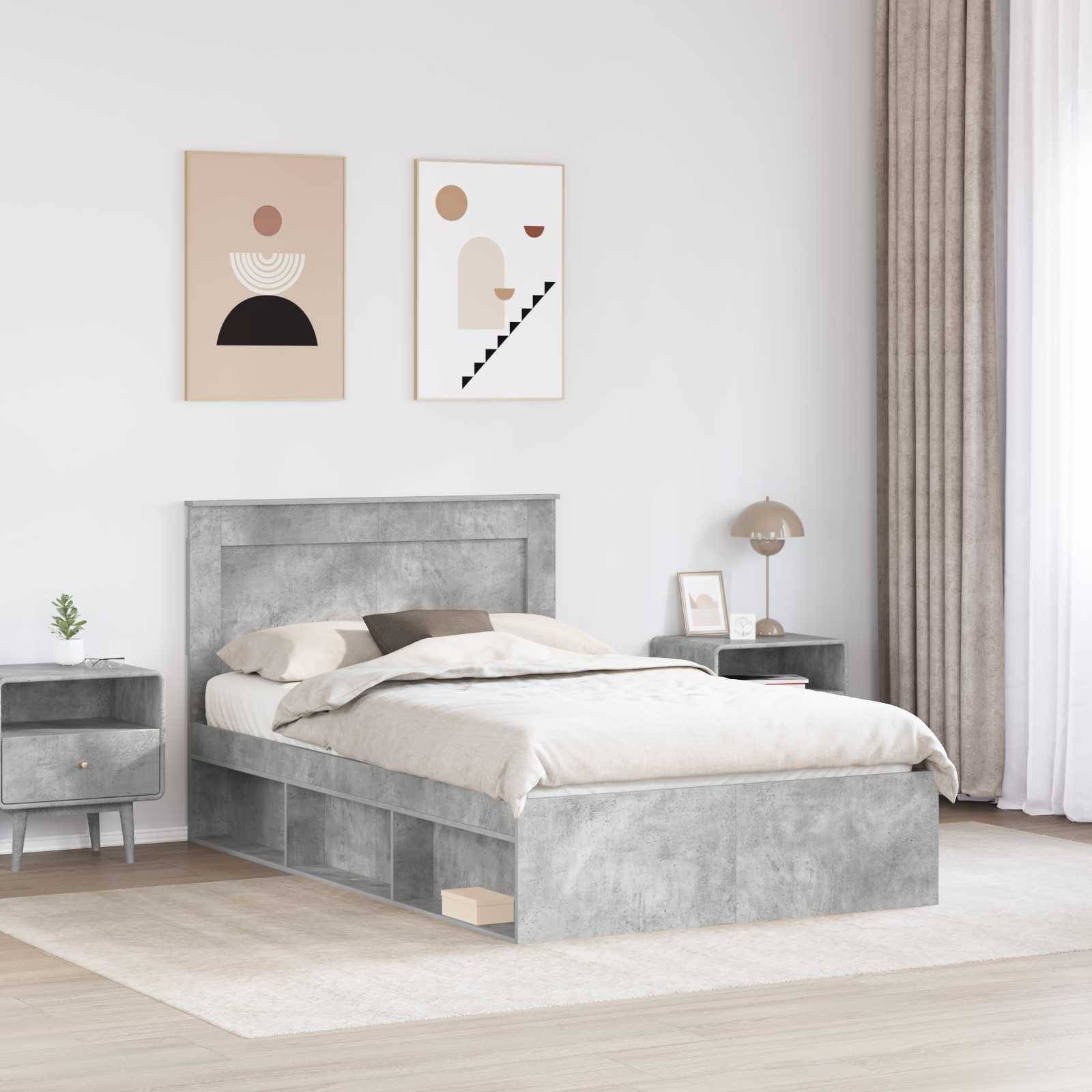 vidaXL Bettrahmen Beton Grau 135 x 190 cm Massives Kiefernholz