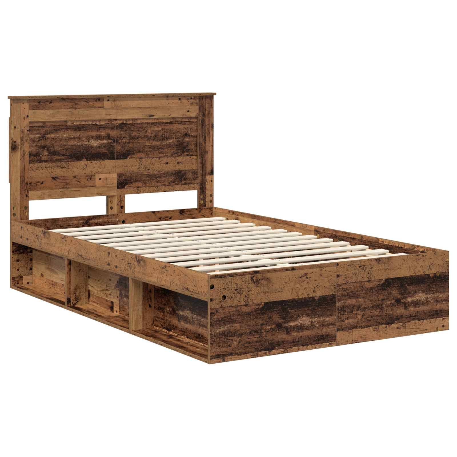 Ein Holzbettgestell mit rustikaler Oberfläche und integrierter Stauraummöglichkeit, ausgestattet mit einer Lattenrost-Basis und einem hohen Kopfteil.