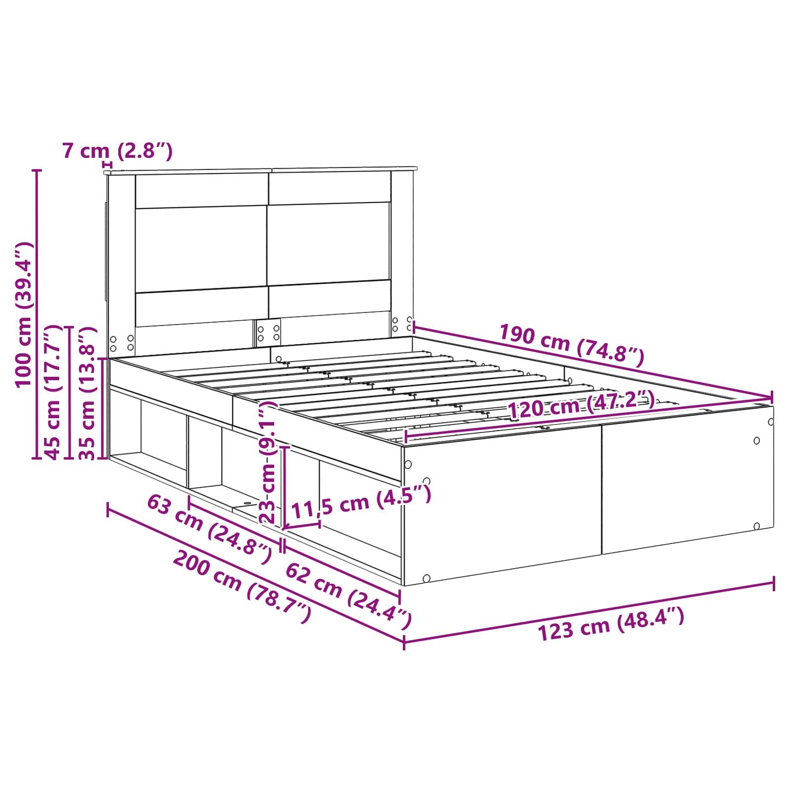 Eine Linienzeichnung eines Bettgestells mit Stauraum, beschriftete Abmessungen: Höhe 100 cm, Breite 190 cm, Tiefe 120 cm. Enthält Größenangaben der Schubladen.