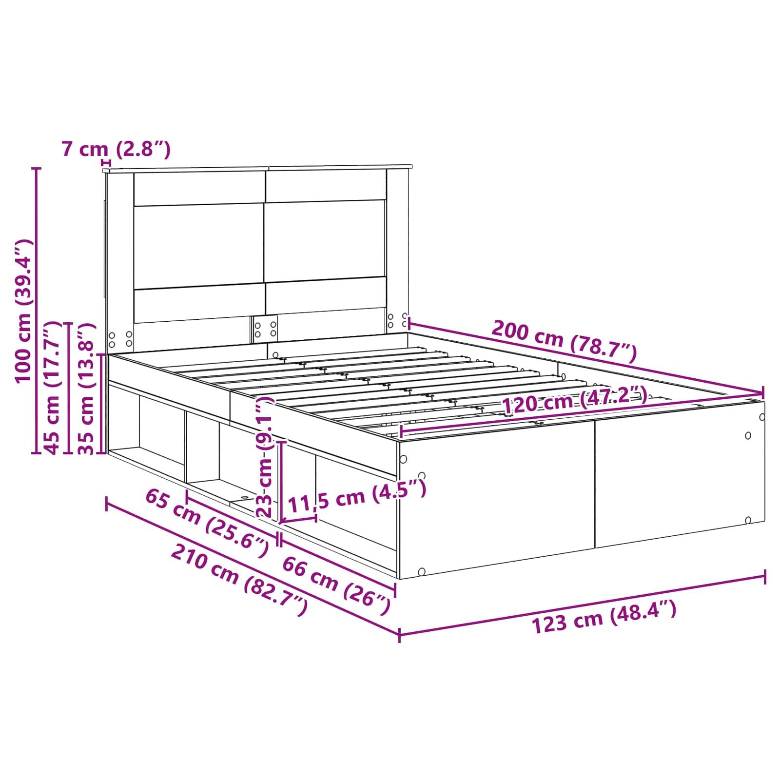Ein Bettgestell mit detaillierten Maßen: 210 cm Länge, 123 cm Breite, 100 cm Höhe. Ausgestattet mit Stauraum unter dem Bett mit festgelegten Abmessungen.