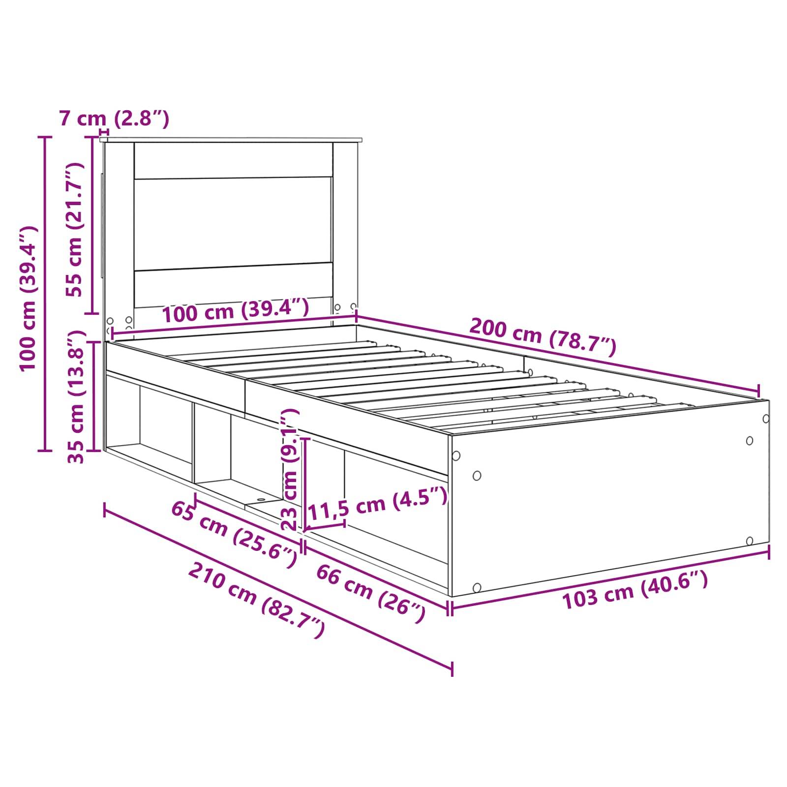 Bettrahmen-Blueprint mit Maßen: 210 cm lang, 163 cm breit und 100 cm hoch. Stauraumfächer verschiedener Größen befinden sich darunter.