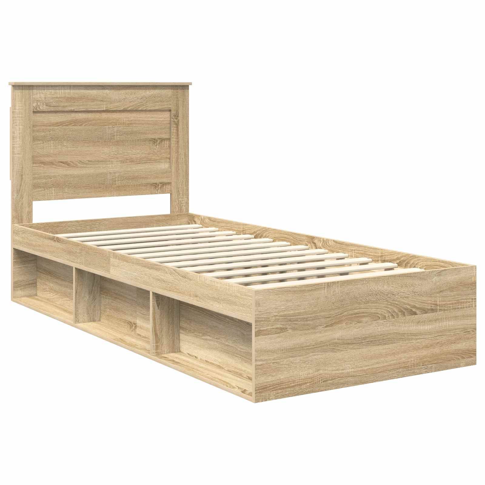 Ein Holz-Doppelbett mit Kopfteil und integrierten Stauraumregalen darunter.