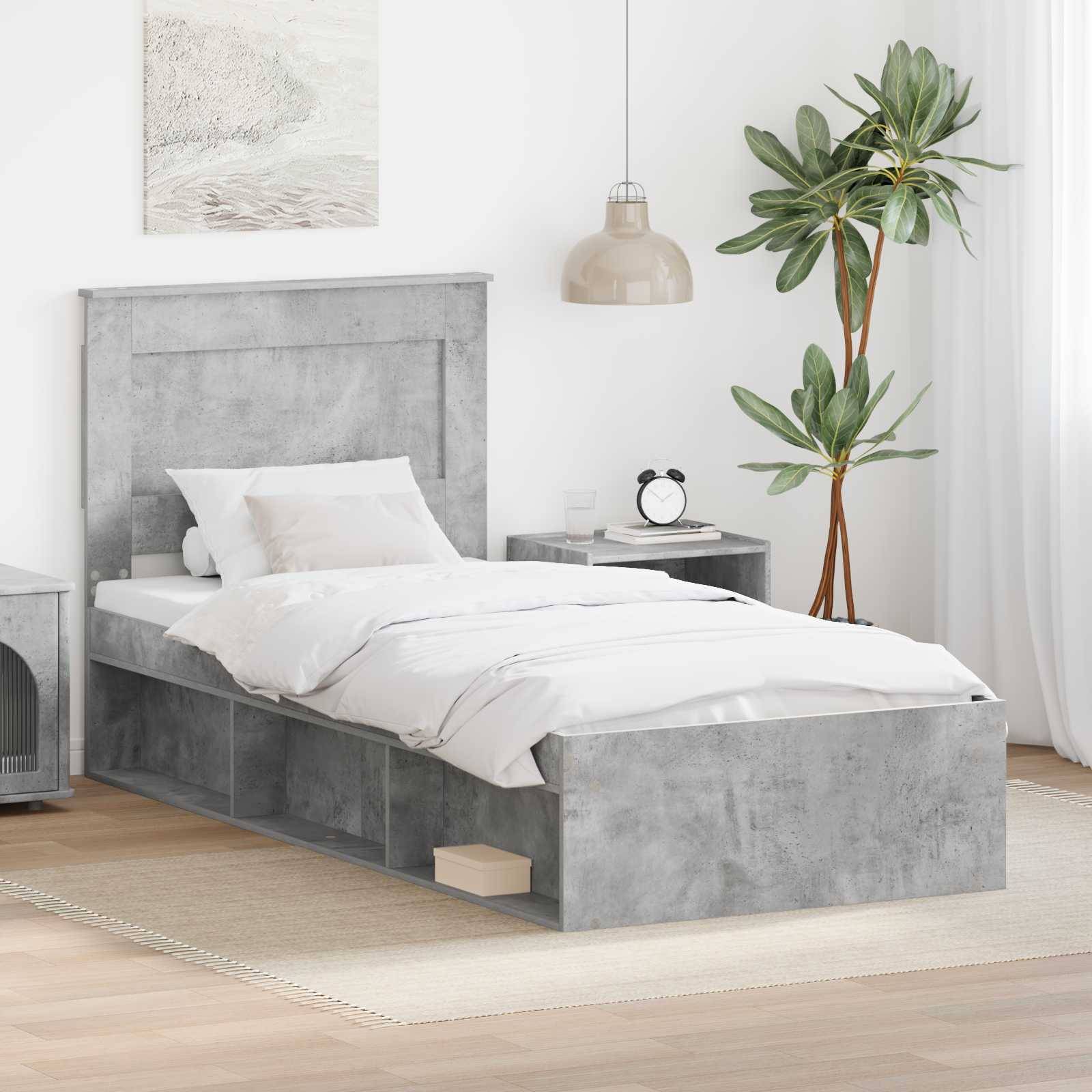 vidaXL Bettrahmen mit Kopfteil Beton 90 x 200 cm Massives Kiefernholz