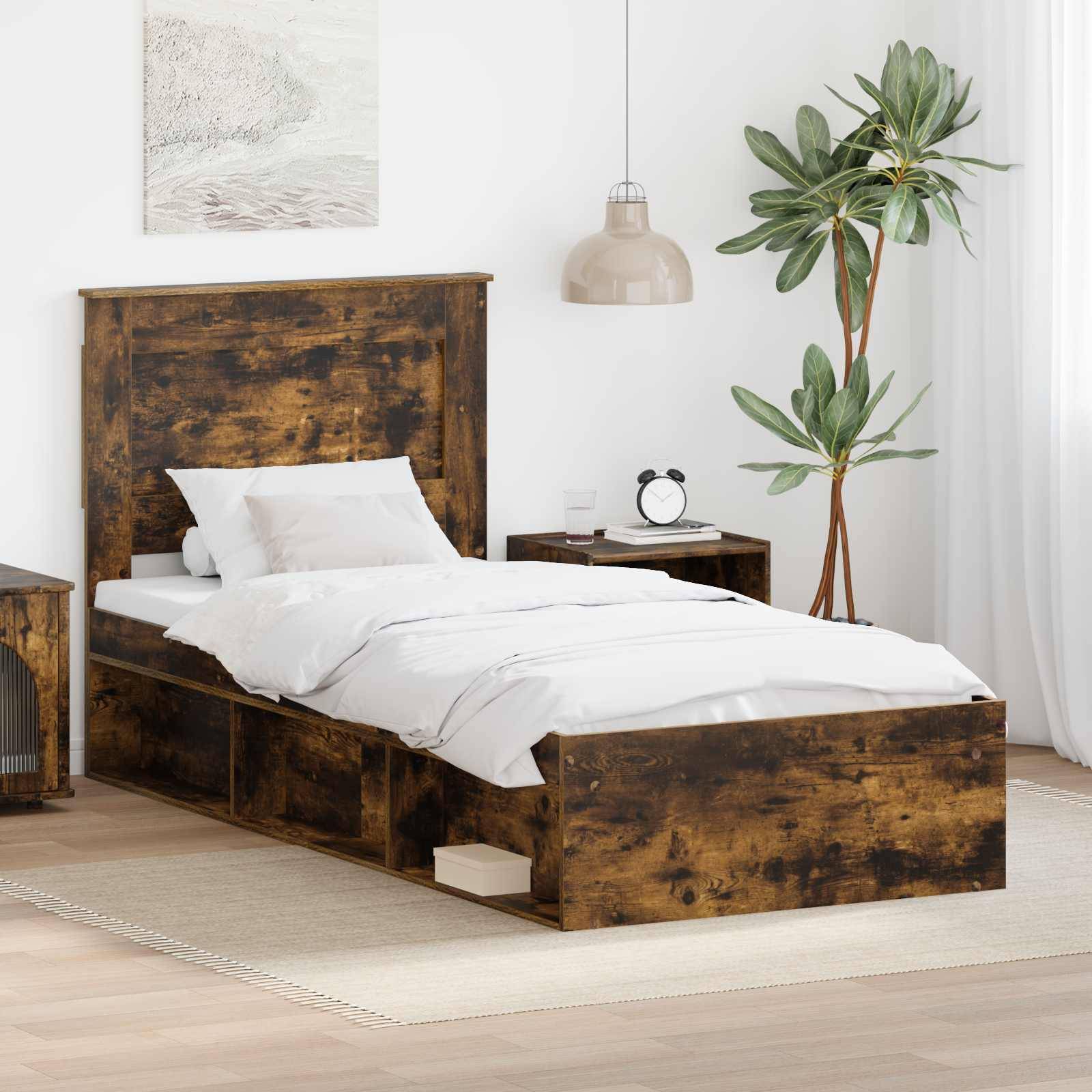 vidaXL Bettrahmen Geräucherte Eiche 90 x 200 cm Massives Kiefernholz