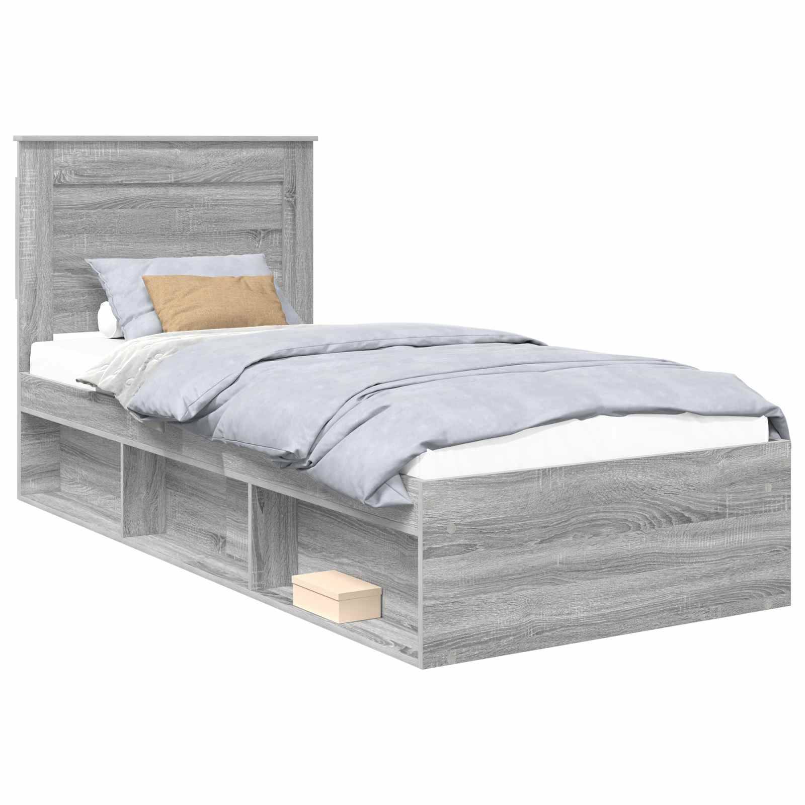 Ein Holzbett in Einzelgröße mit einer hellgrauen Oberfläche, ausgestattet mit offenen Stauraummöglichkeiten im Sockel und einem kleinen Regal unter dem Kopfteil.