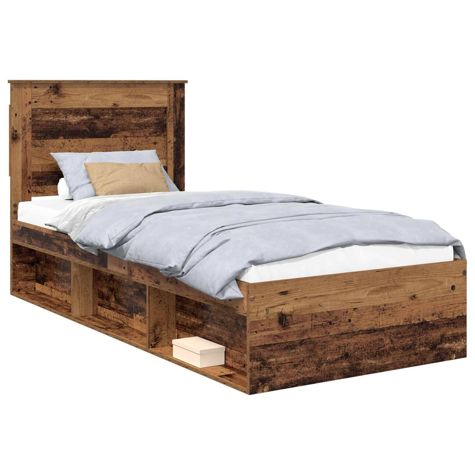 Ein Holz-Einzelbett mit integrierten Ablageregalen an den Seiten, bezogen mit hellblauer Bettwäsche und einem beigen Dekokissen.