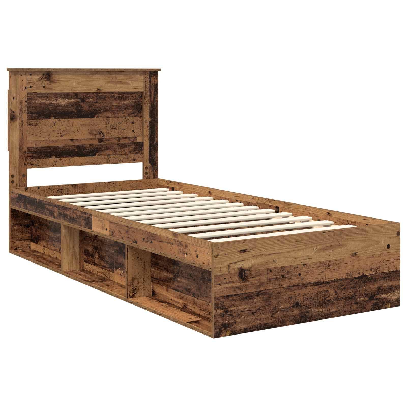Ein Zwillingsbett-Rahmen aus Holz mit rustikaler Oberfläche verfügt über eine Lattenrost-Basis und ein Kopfteil, das stabile Unterstützung und Stauraum darunter bietet.