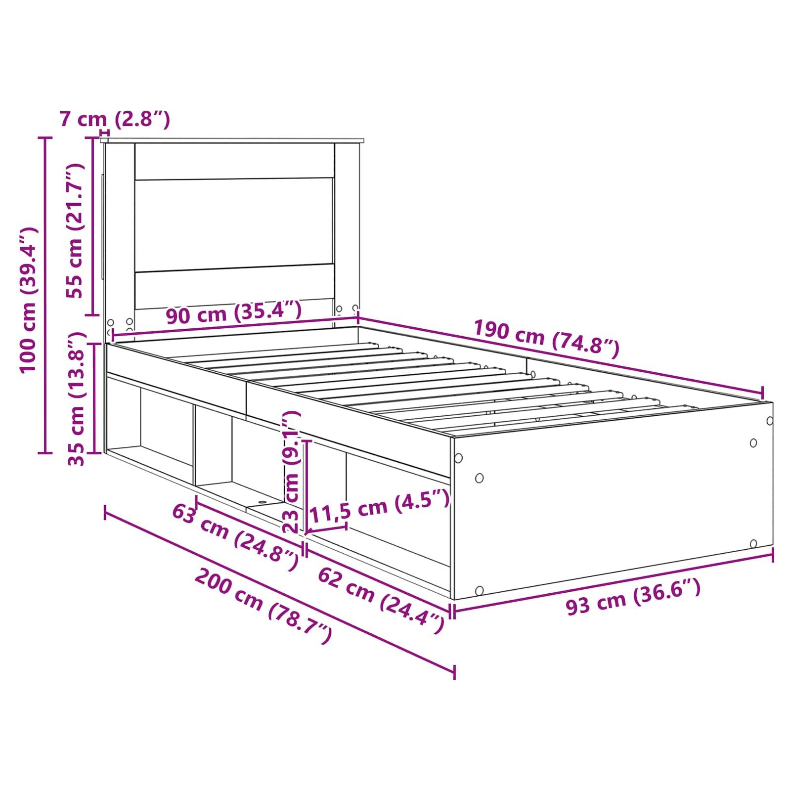 Diagramm eines Bettgestells mit Maßangaben: Höhe 100 cm, Tiefe 190 cm, Breite 90 cm, Stauraumbereiche darunter. Dimensionen in lila Text.