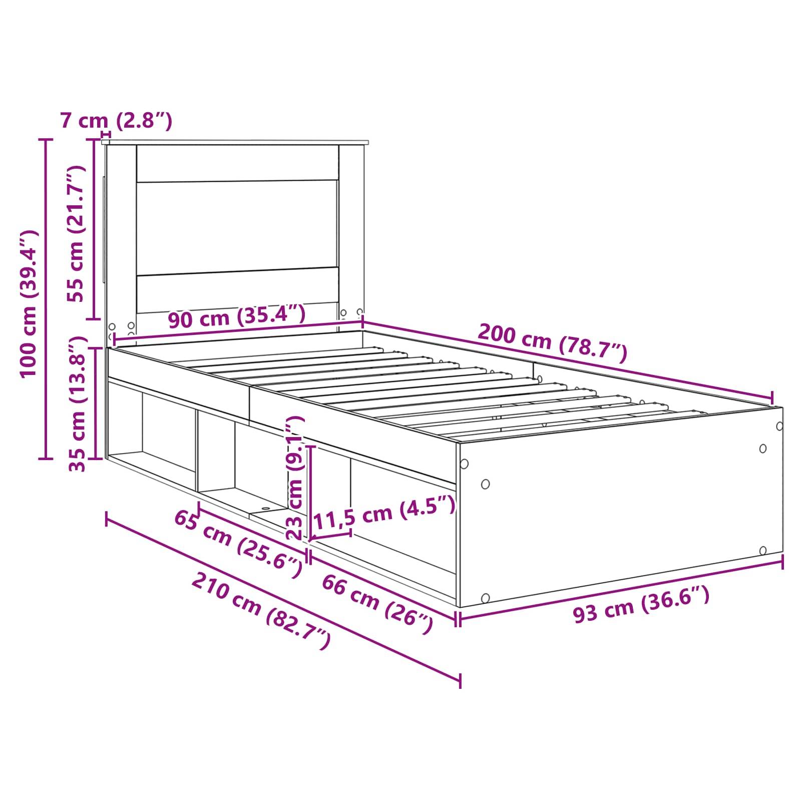 Diagramm eines Bettes mit Abmessungen: Kopfteil 100 cm hoch, Brettbreite 93 cm, Länge 210 cm. Inklusive Stauraum: Regale 65 cm und 23 cm breit.