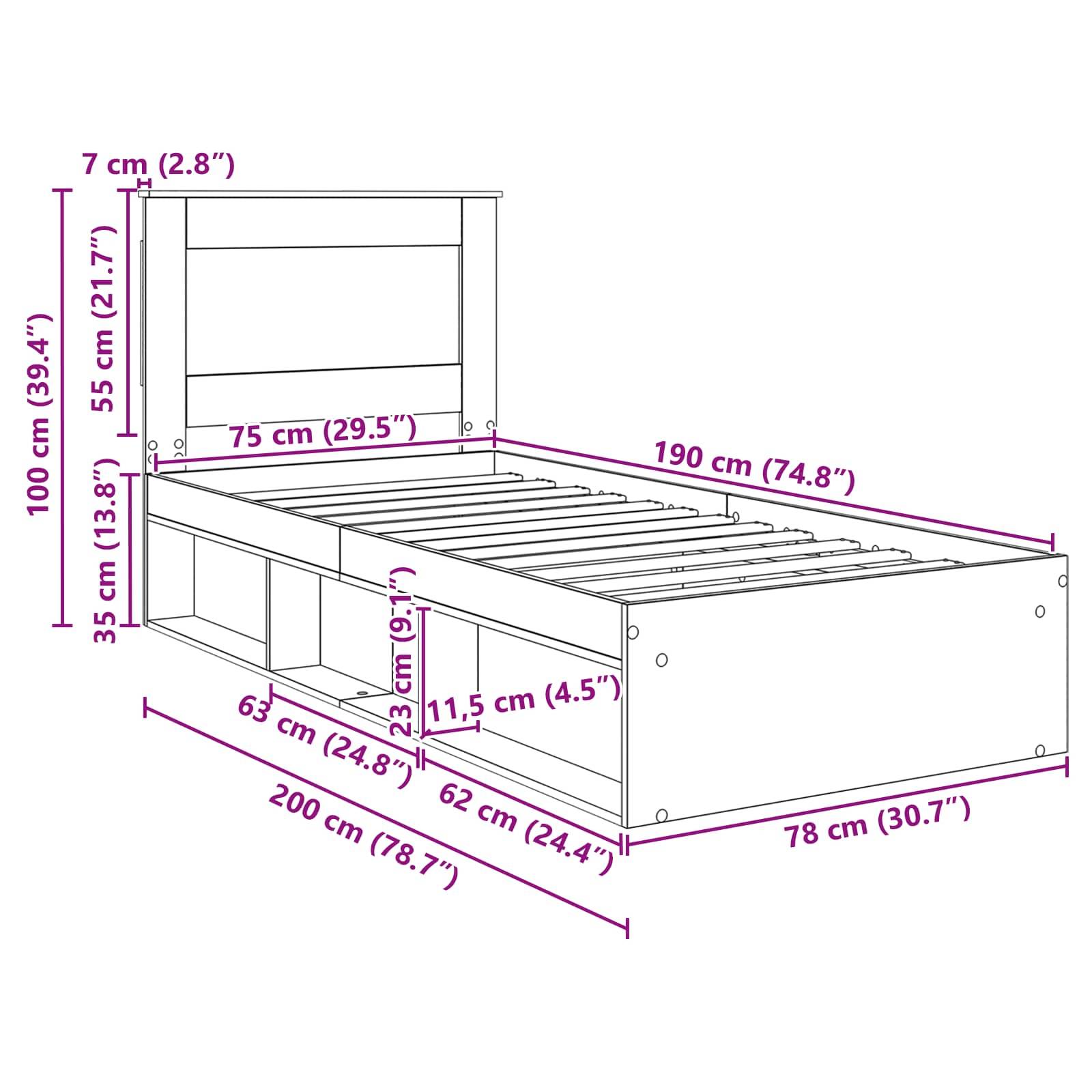 Seitenansicht eines Bettgestells mit Stauraum. Abmessungen: Kopfteil 100 cm hoch, Bett 190 cm lang x 78 cm breit, Stauraumbereiche 12-63 cm.