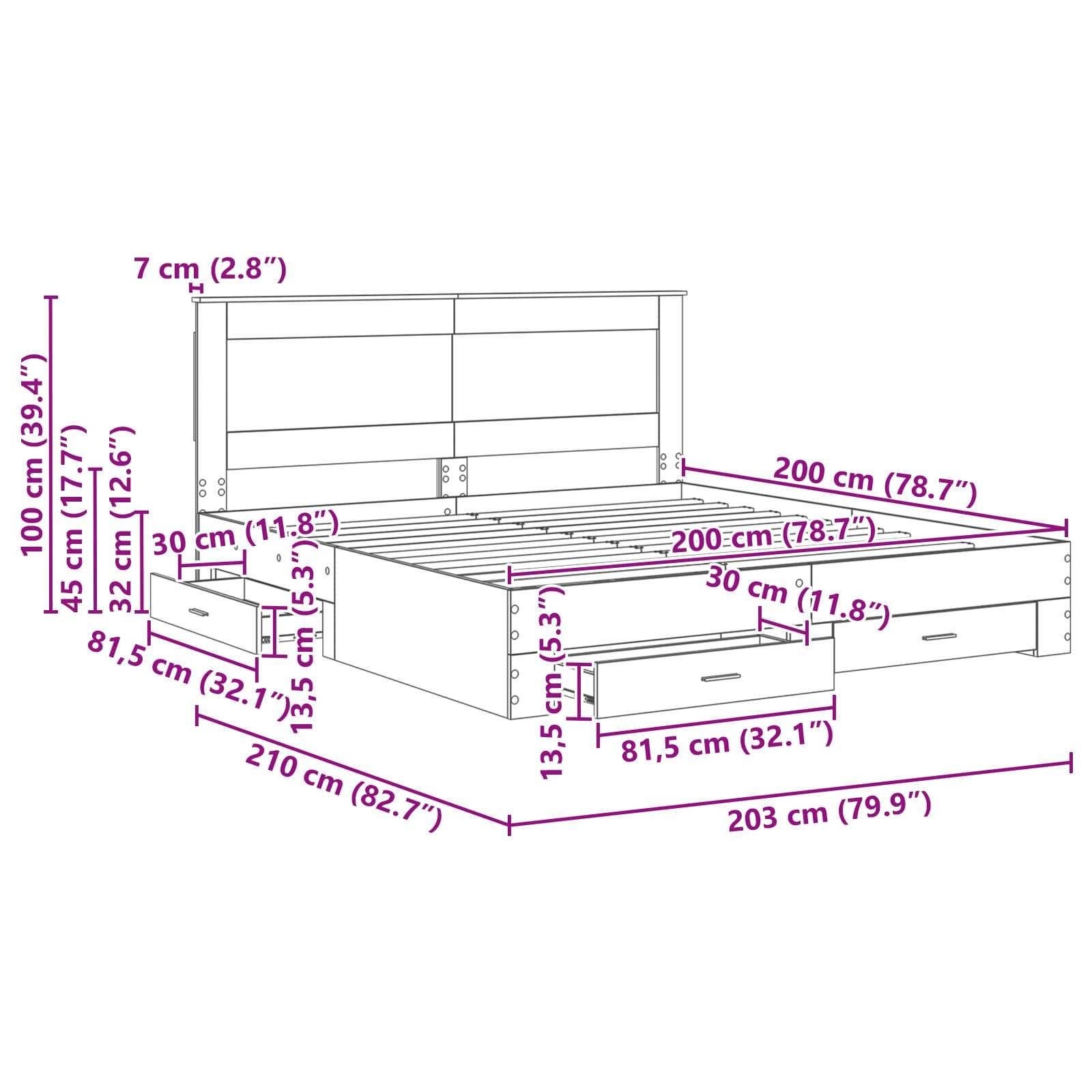 Bettdiagramm mit Maßen: Breite 200 cm (78,7