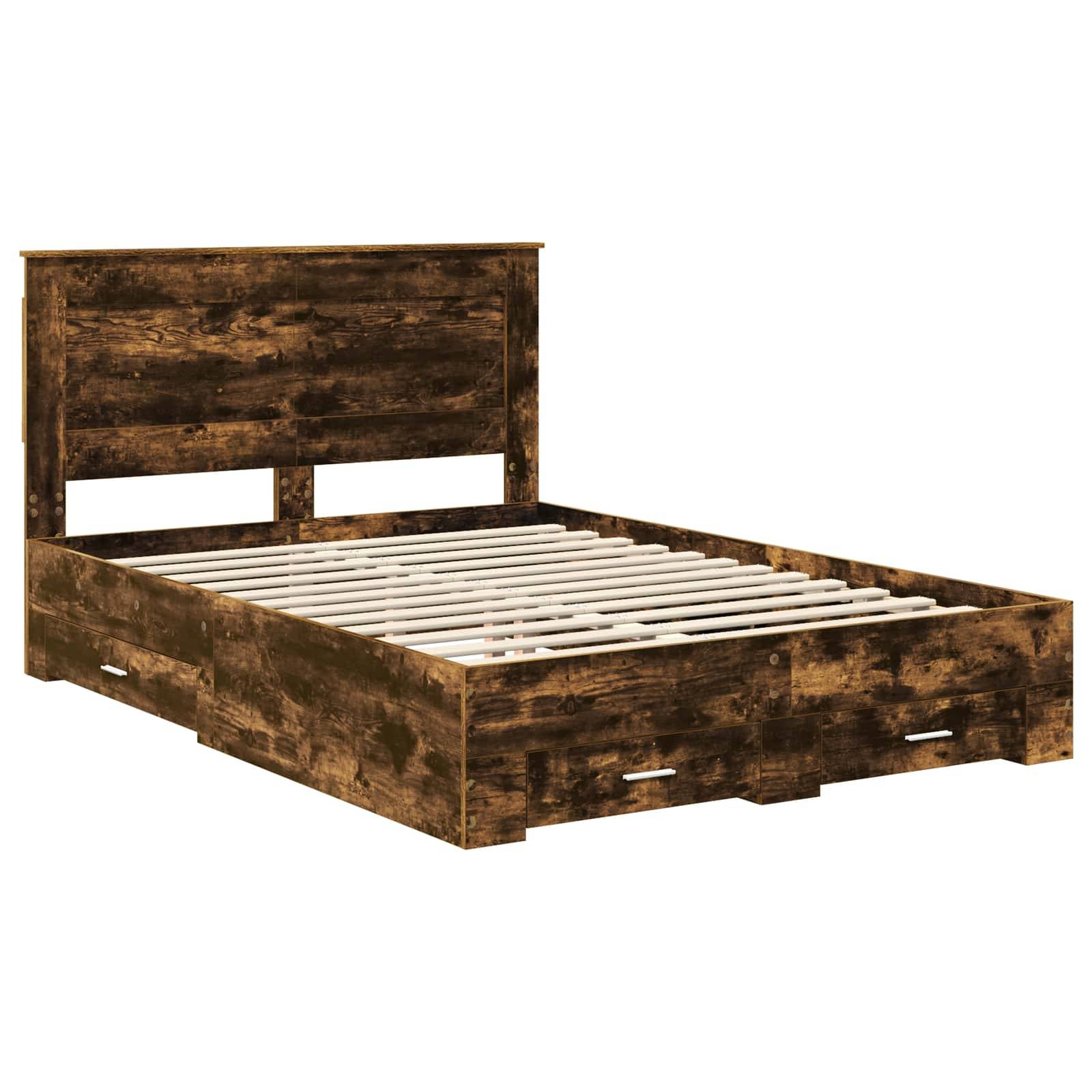 Ein Holzbettgestell mit Kopfteil und Staurageschubladen darunter, mit rustikaler brauner Oberfläche und Lattenrost.
