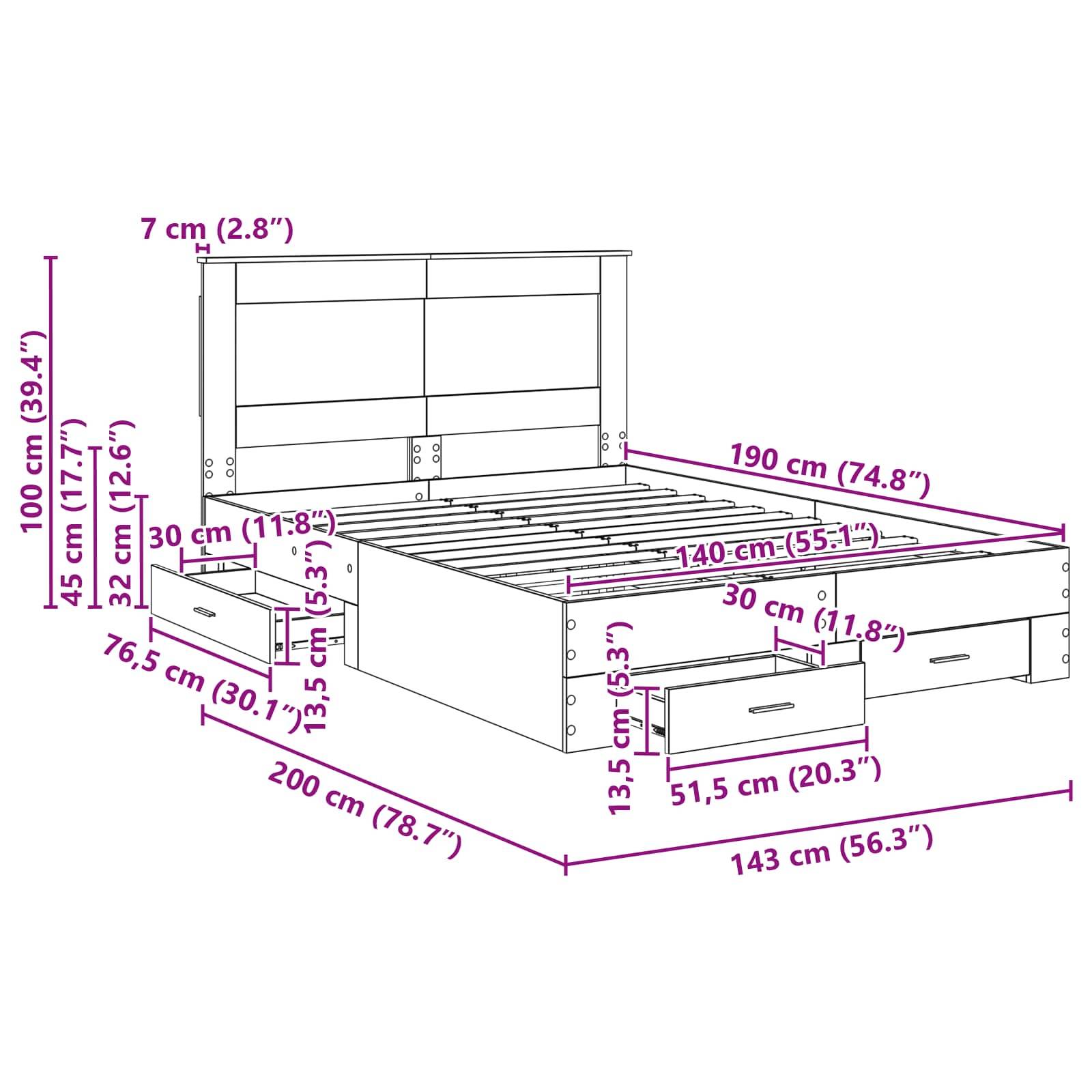 Bettrahmen-Schematische Darstellung mit Maßen: 200 cm lang, 143 cm breit, 100 cm hoch. Beinhaltet Staurageschubladen in verschiedenen Größen unter dem Bett.