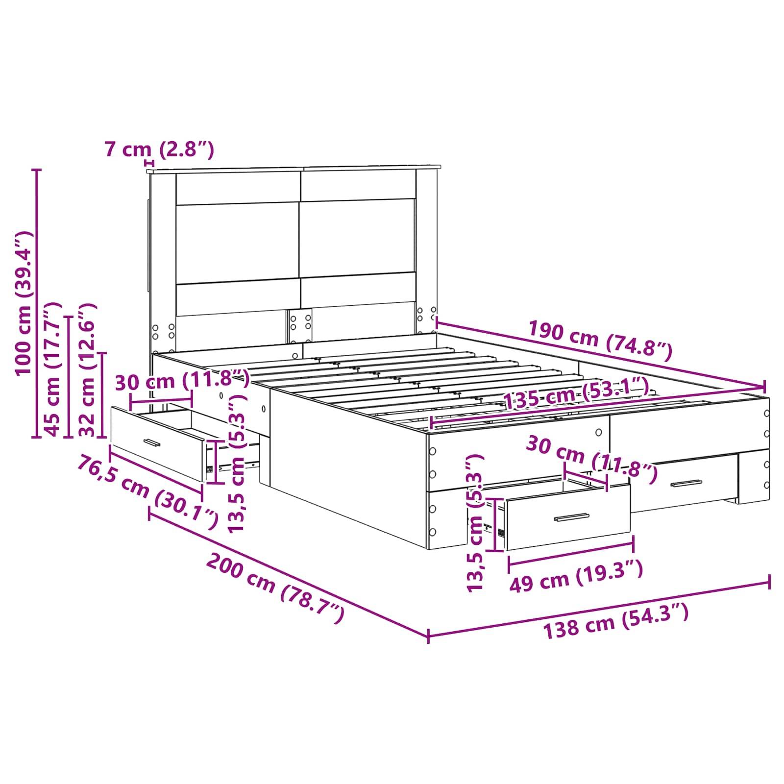 Diagramm eines Bettes mit Abmessungen: Höhe 100 cm (39,4