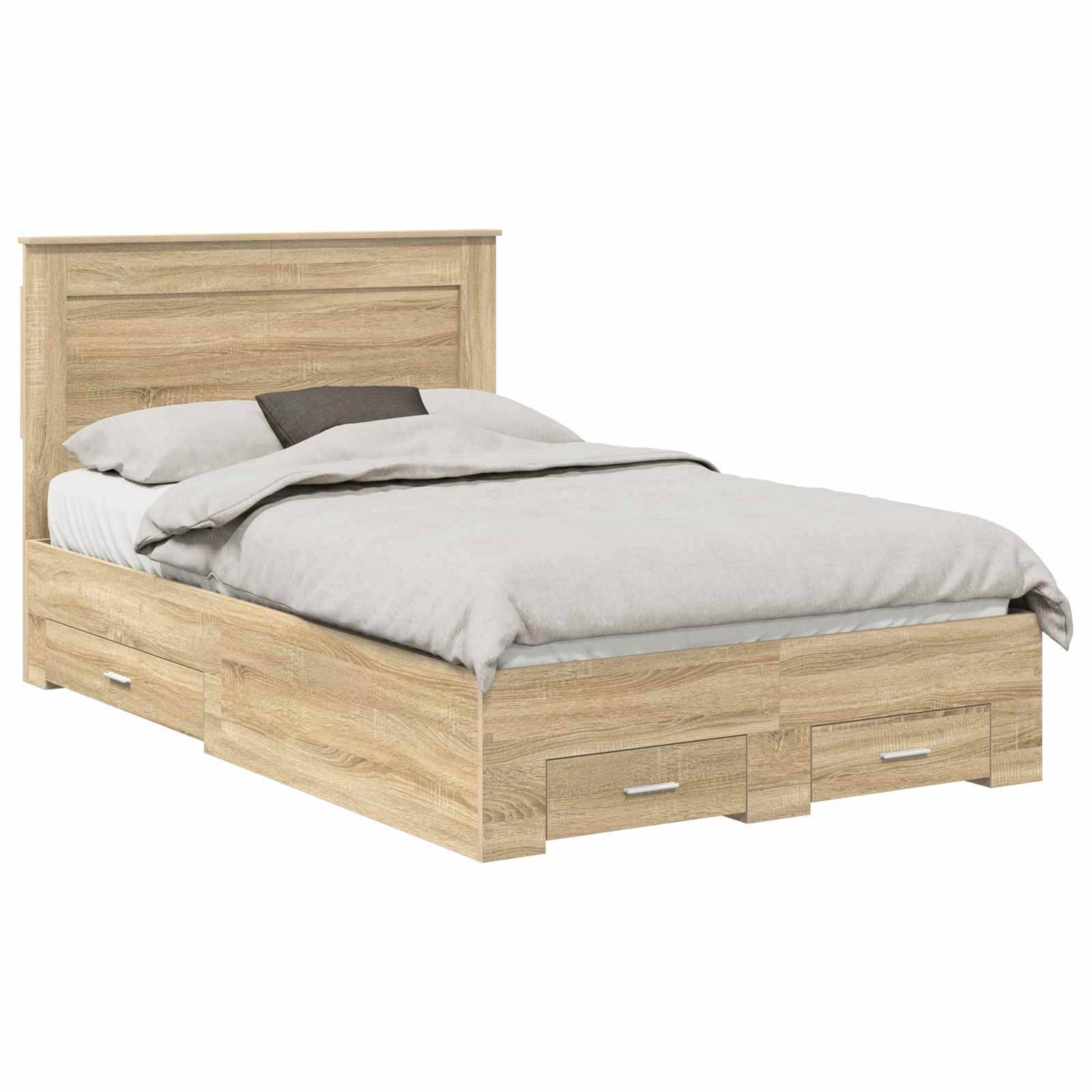 Ein Holzbett mit einem Kopfteil und zwei Schubladen darunter, ausgestattet mit weiß-grauer Bettwäsche, die sorgfältig angeordnet ist.