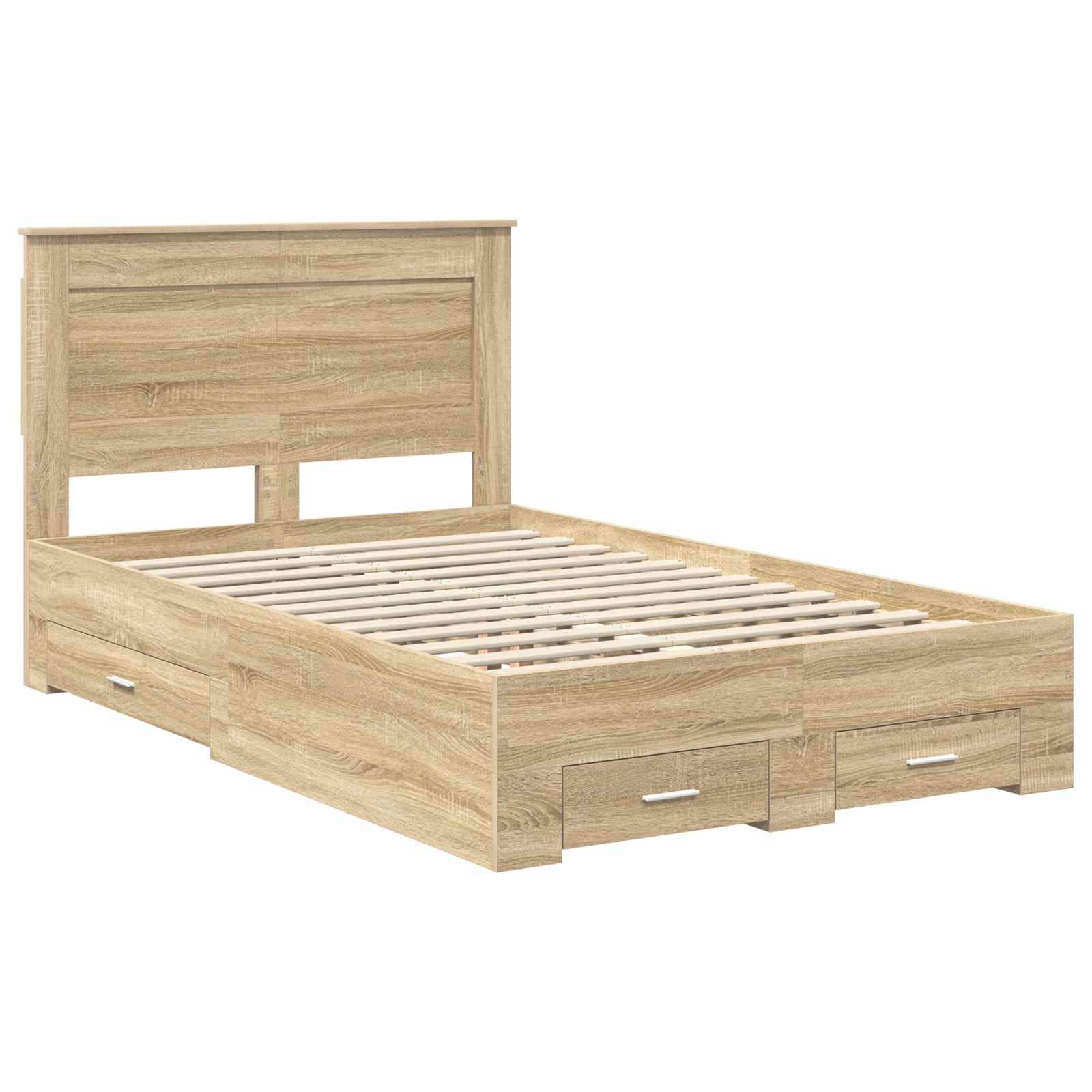 Ein Holzbettgestell mit Kopfteil und integrierten Staurageschubladen an den Seiten. Das Design ist schlicht und modern.